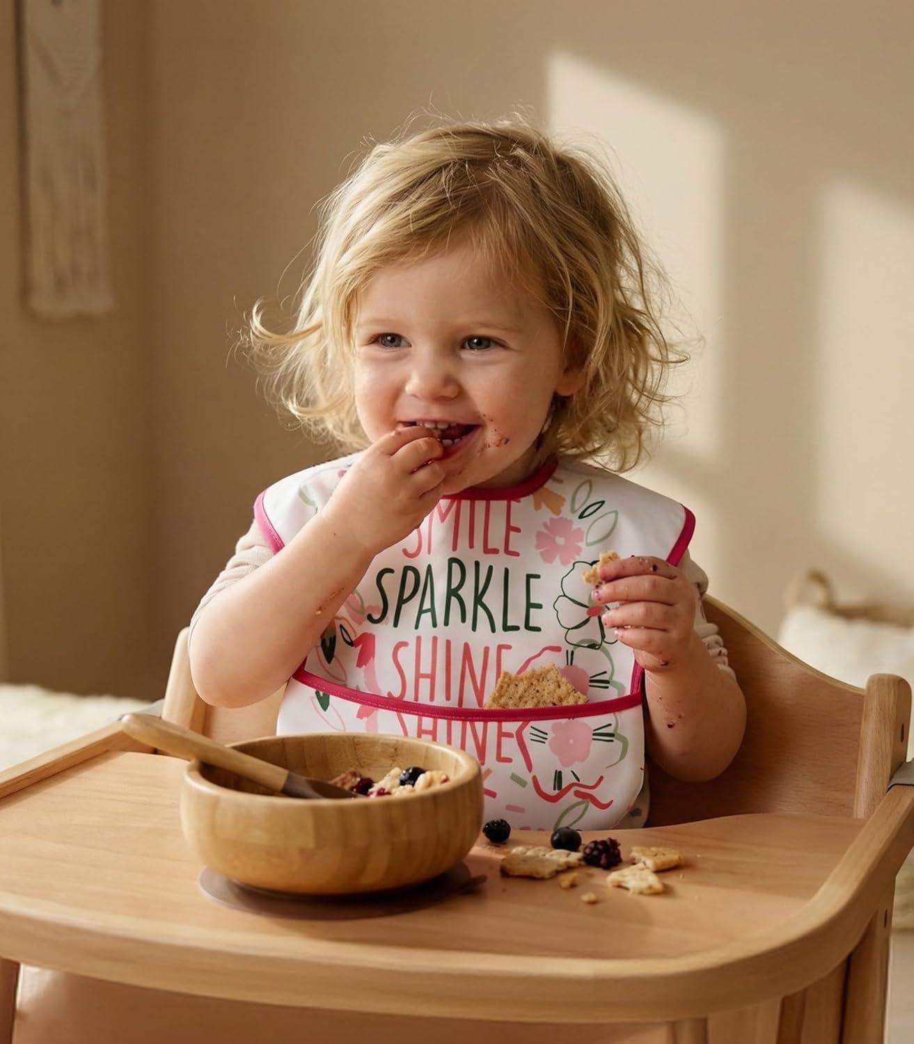 image:image3Pack Waterproof Baby Bibs for Eating Mess Proof Lightweight Toddler Feeding Bibs with Large Food Catcher FoodGrade Baby Eating Essentials Easy to Put On amp CleanPink FloralA Pink Floral