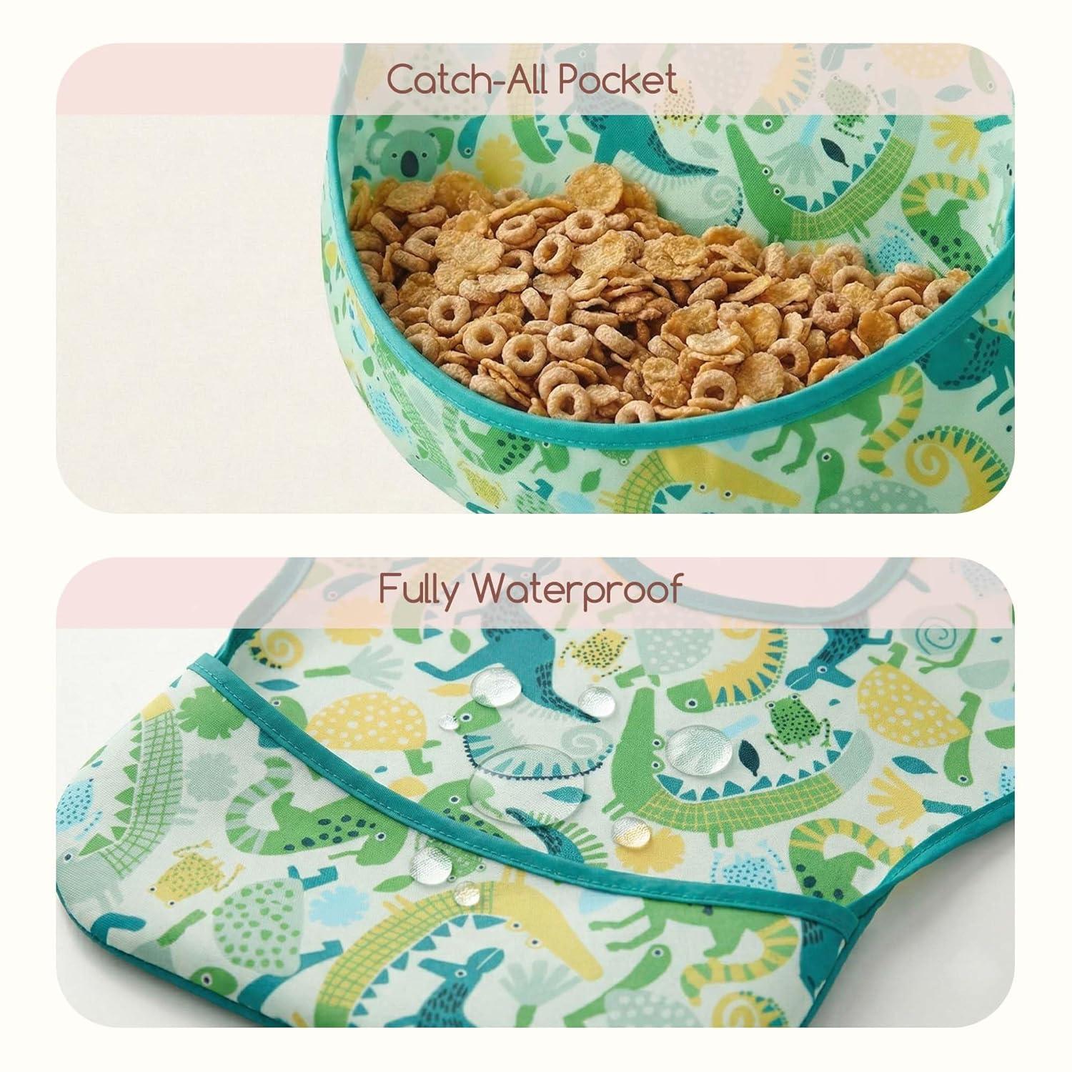 image:image3Pack Waterproof Baby Bibs for Eating Mess Proof Lightweight Toddler Feeding Bibs with Large Food Catcher FoodGrade Baby Eating Essentials Easy to Put On amp CleanPink FloralGreen Dino Animal