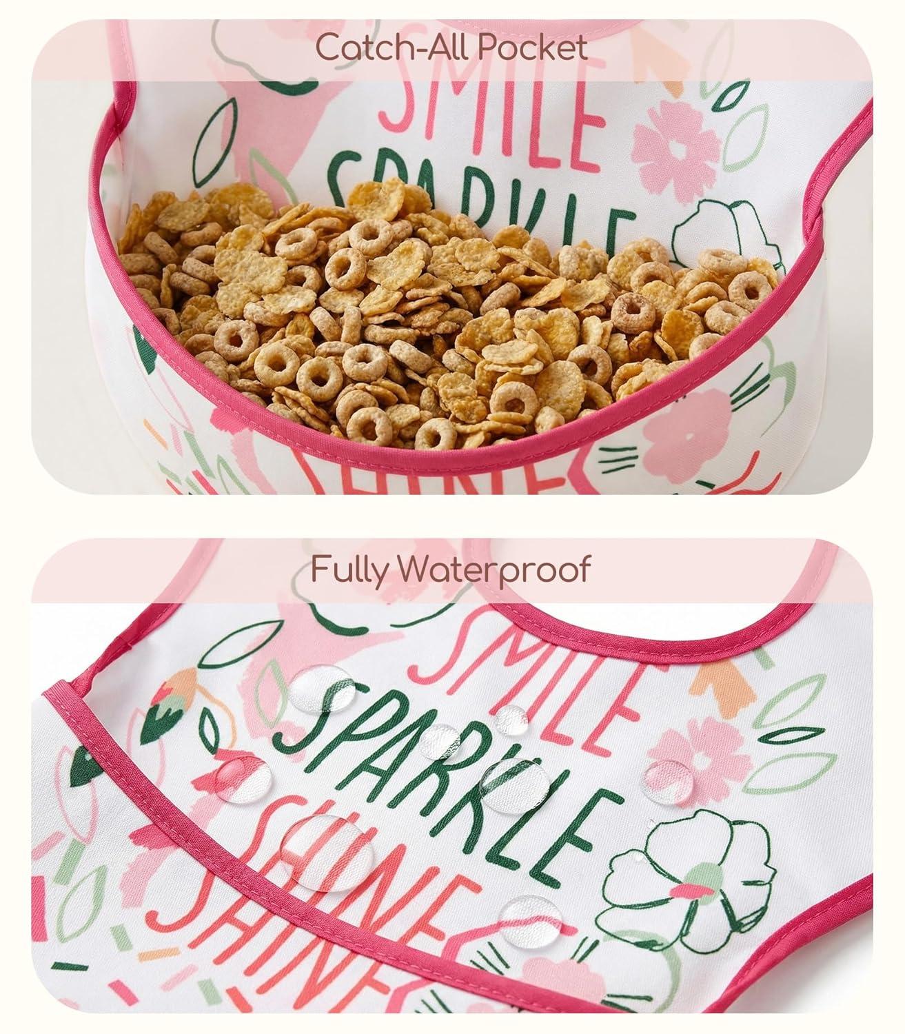 image:image3Pack Waterproof Baby Bibs for Eating Mess Proof Lightweight Toddler Feeding Bibs with Large Food Catcher FoodGrade Baby Eating Essentials Easy to Put On amp CleanPink FloralA Pink Floral