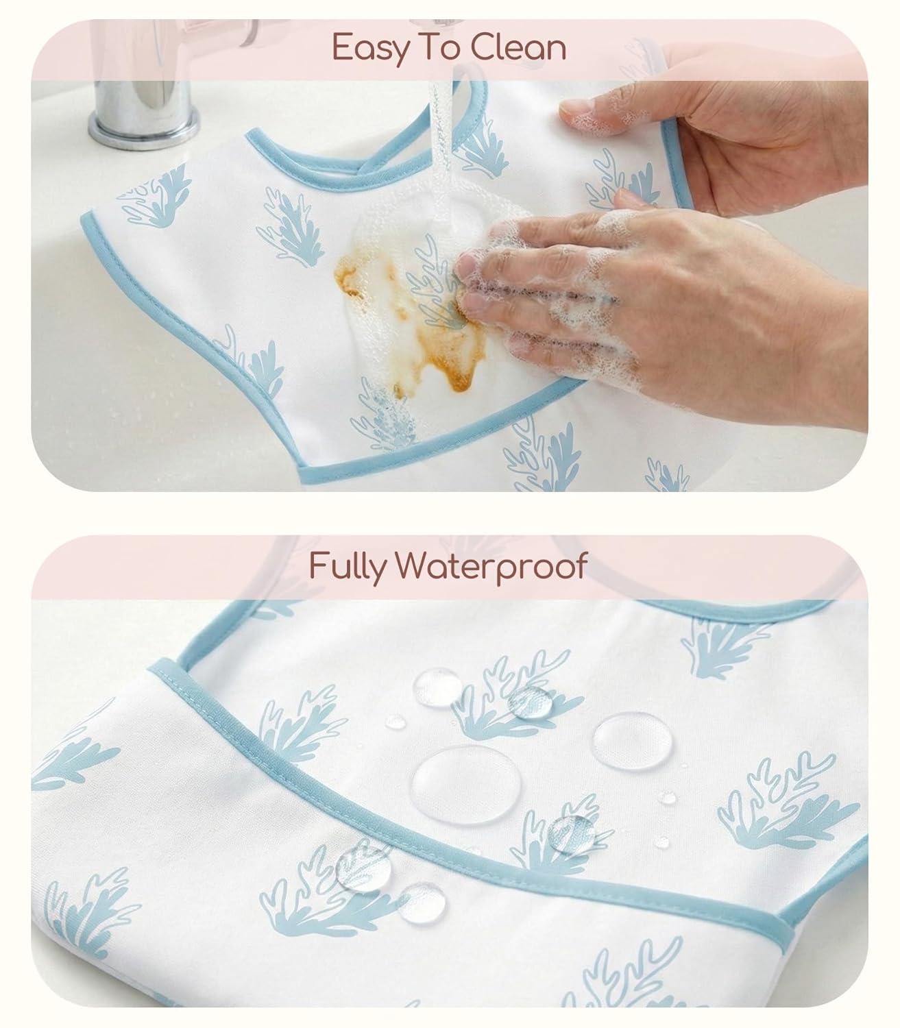 image:image3Pack Waterproof Baby Bibs for Eating Mess Proof Lightweight Toddler Feeding Bibs with Large Food Catcher FoodGrade Baby Eating Essentials Easy to Put On amp CleanPink FloralBlue Ocean Whale