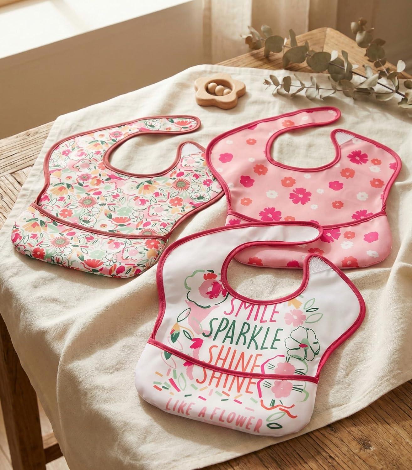 image:image3Pack Waterproof Baby Bibs for Eating Mess Proof Lightweight Toddler Feeding Bibs with Large Food Catcher FoodGrade Baby Eating Essentials Easy to Put On amp CleanPink FloralA Pink Floral