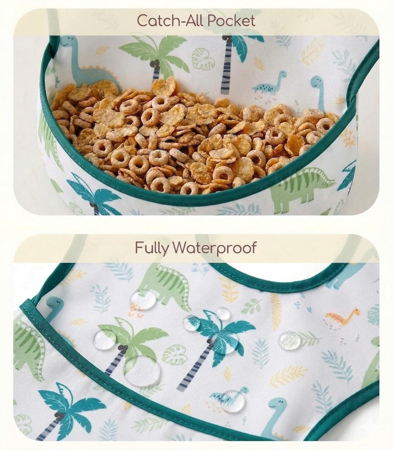 image:image3Pack Waterproof Baby Bibs for Eating Mess Proof Lightweight Toddler Feeding Bibs with Large Food Catcher FoodGrade Baby Eating Essentials Easy to Put On amp CleanPink FloralBlue Dinosaur