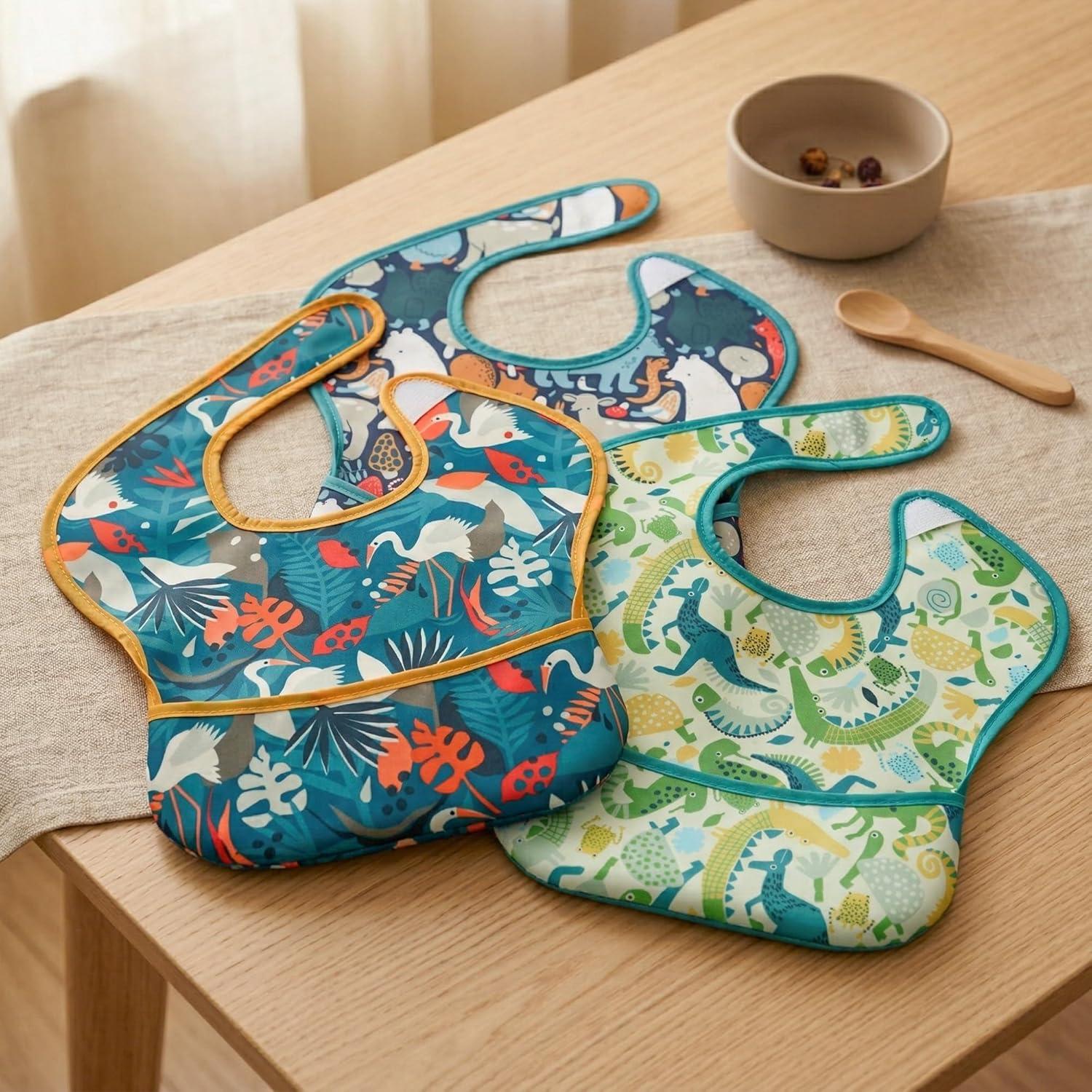 image:image3Pack Waterproof Baby Bibs for Eating Mess Proof Lightweight Toddler Feeding Bibs with Large Food Catcher FoodGrade Baby Eating Essentials Easy to Put On amp CleanPink FloralGreen Dino Animal