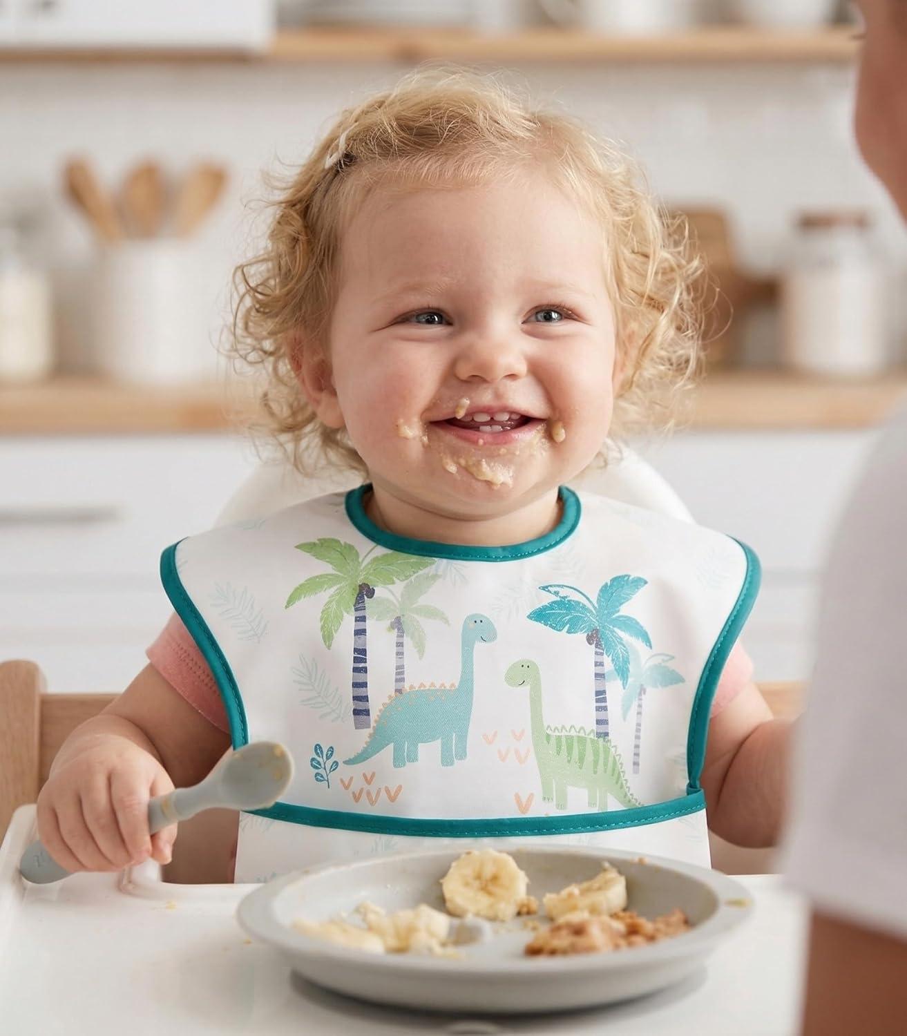 image:image3Pack Waterproof Baby Bibs for Eating Mess Proof Lightweight Toddler Feeding Bibs with Large Food Catcher FoodGrade Baby Eating Essentials Easy to Put On amp CleanPink FloralBlue Dinosaur