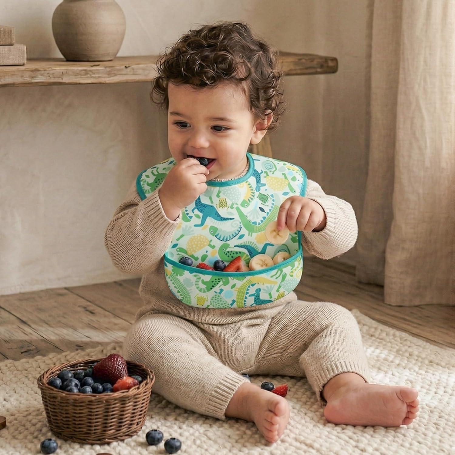 image:image3Pack Waterproof Baby Bibs for Eating Mess Proof Lightweight Toddler Feeding Bibs with Large Food Catcher FoodGrade Baby Eating Essentials Easy to Put On amp CleanPink FloralGreen Dino Animal