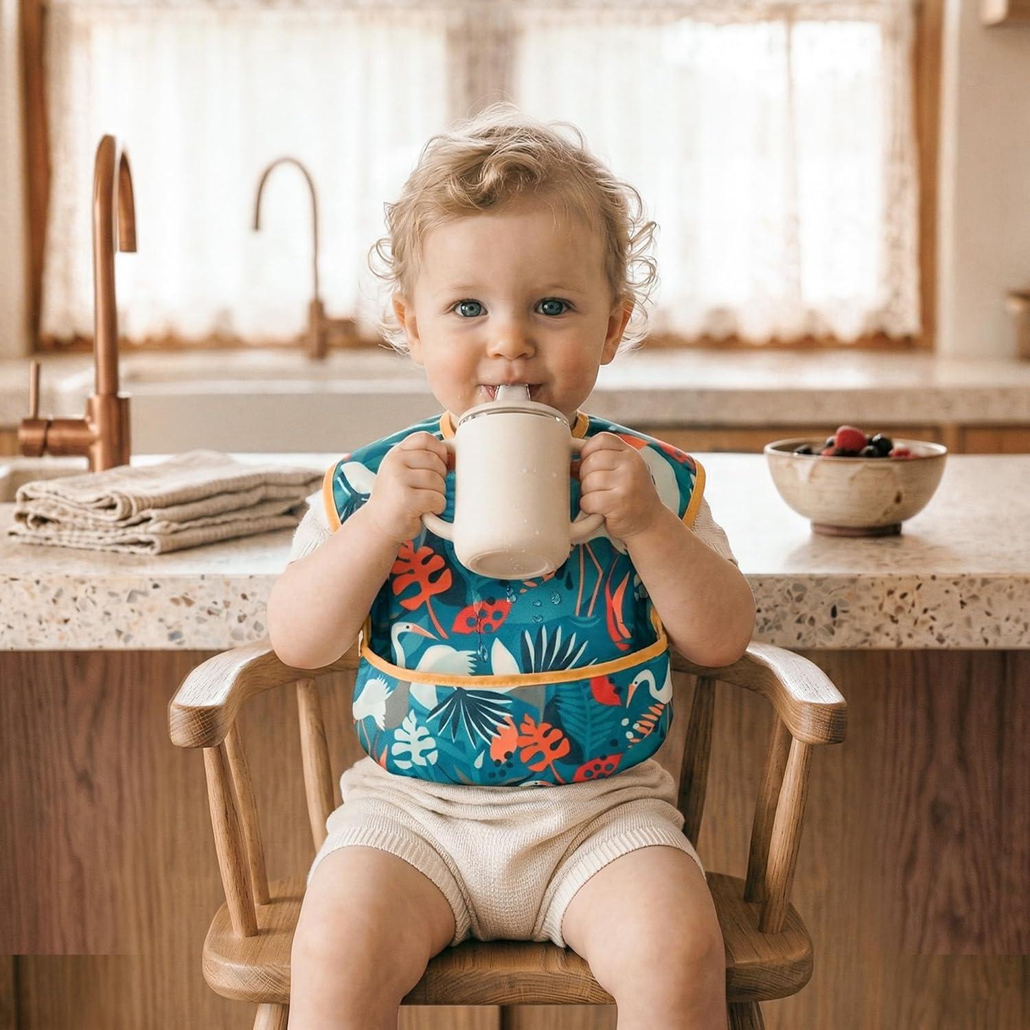 image:image3Pack Waterproof Baby Bibs for Eating Mess Proof Lightweight Toddler Feeding Bibs with Large Food Catcher FoodGrade Baby Eating Essentials Easy to Put On amp CleanPink FloralGreen Dino Animal