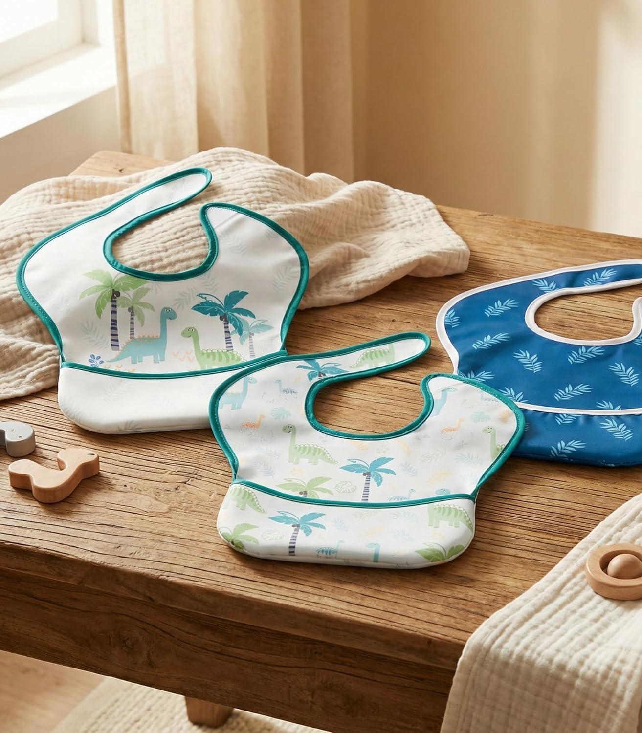 image:image3Pack Waterproof Baby Bibs for Eating Mess Proof Lightweight Toddler Feeding Bibs with Large Food Catcher FoodGrade Baby Eating Essentials Easy to Put On amp CleanPink FloralBlue Dinosaur