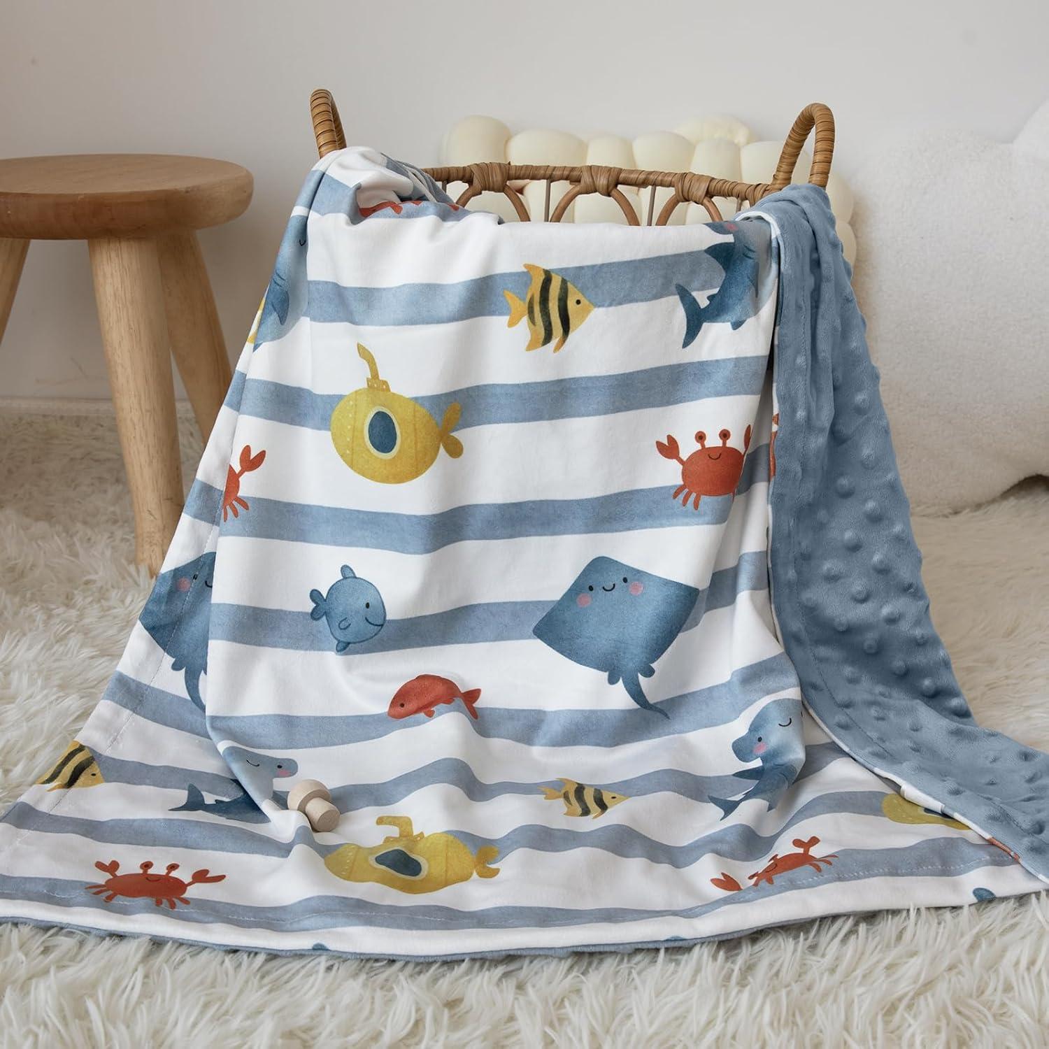 image:imageBaby Minky Blanket for Boys Girl Super Soft Newborn Nursery Blanket with Double Layer Dotted Backing 30x40 Cozy Printed Bed Throw Blanket Undersea WorldBlue Ocean