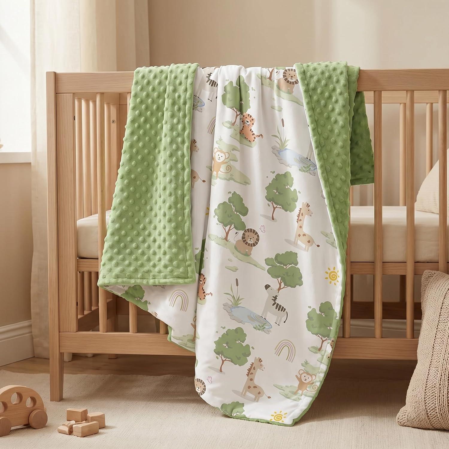 image:imageBaby Minky Blanket for Boys Girl Super Soft Newborn Nursery Blanket with Double Layer Dotted Backing 30x40 Cozy Printed Bed Throw Blanket Undersea WorldGreen Animals
