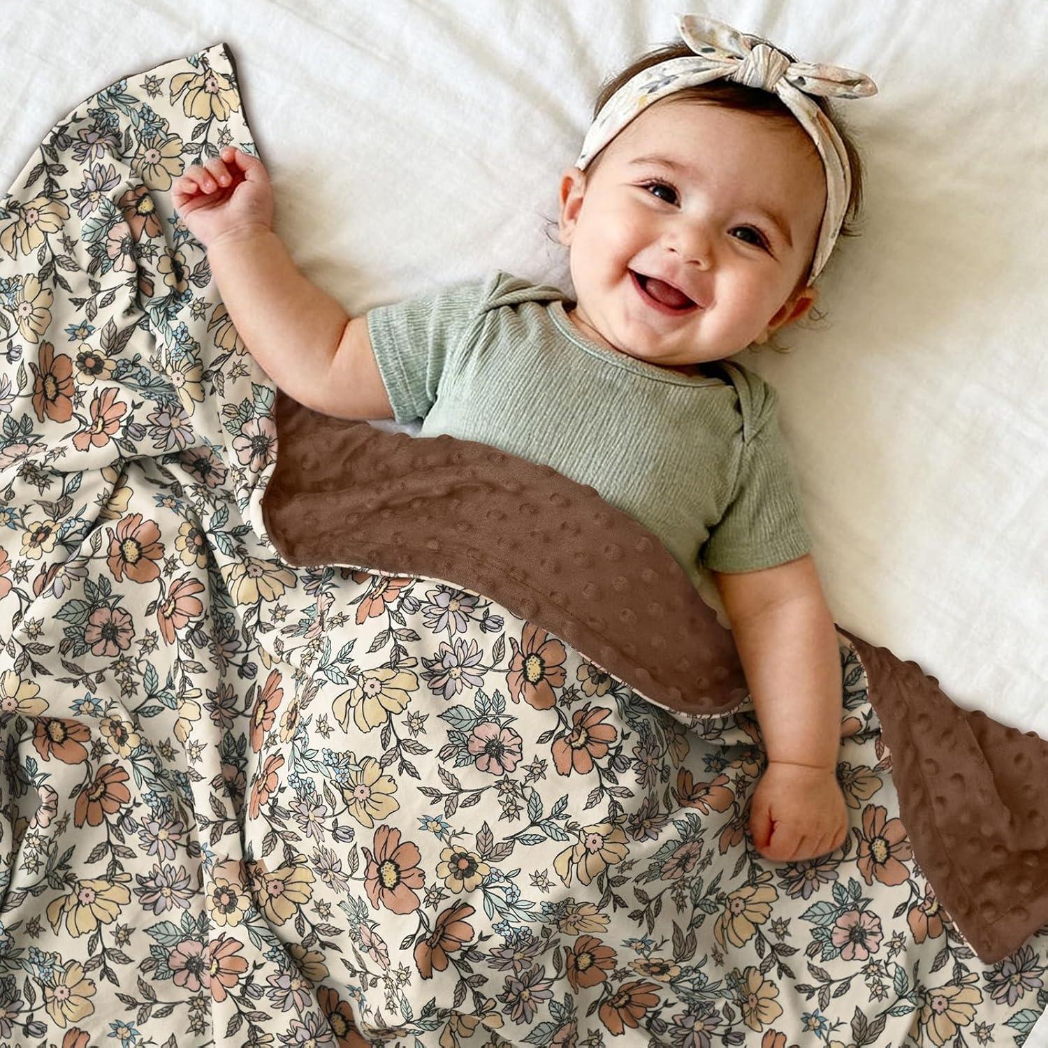 image:imageBaby Minky Blanket for Boys Girl Super Soft Newborn Nursery Blanket with Double Layer Dotted Backing 30x40 Cozy Printed Bed Throw Blanket Undersea WorldChocolate Retro Floral