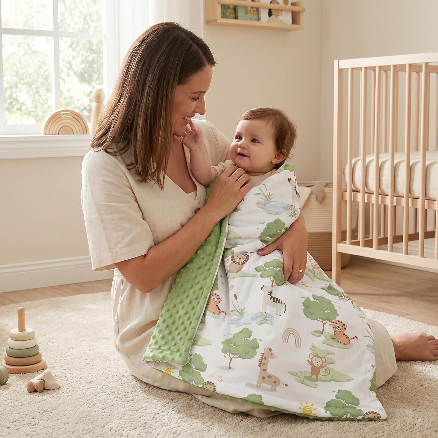 image:imageBaby Minky Blanket for Boys Girl Super Soft Newborn Nursery Blanket with Double Layer Dotted Backing 30x40 Cozy Printed Bed Throw Blanket Undersea WorldGreen Animals