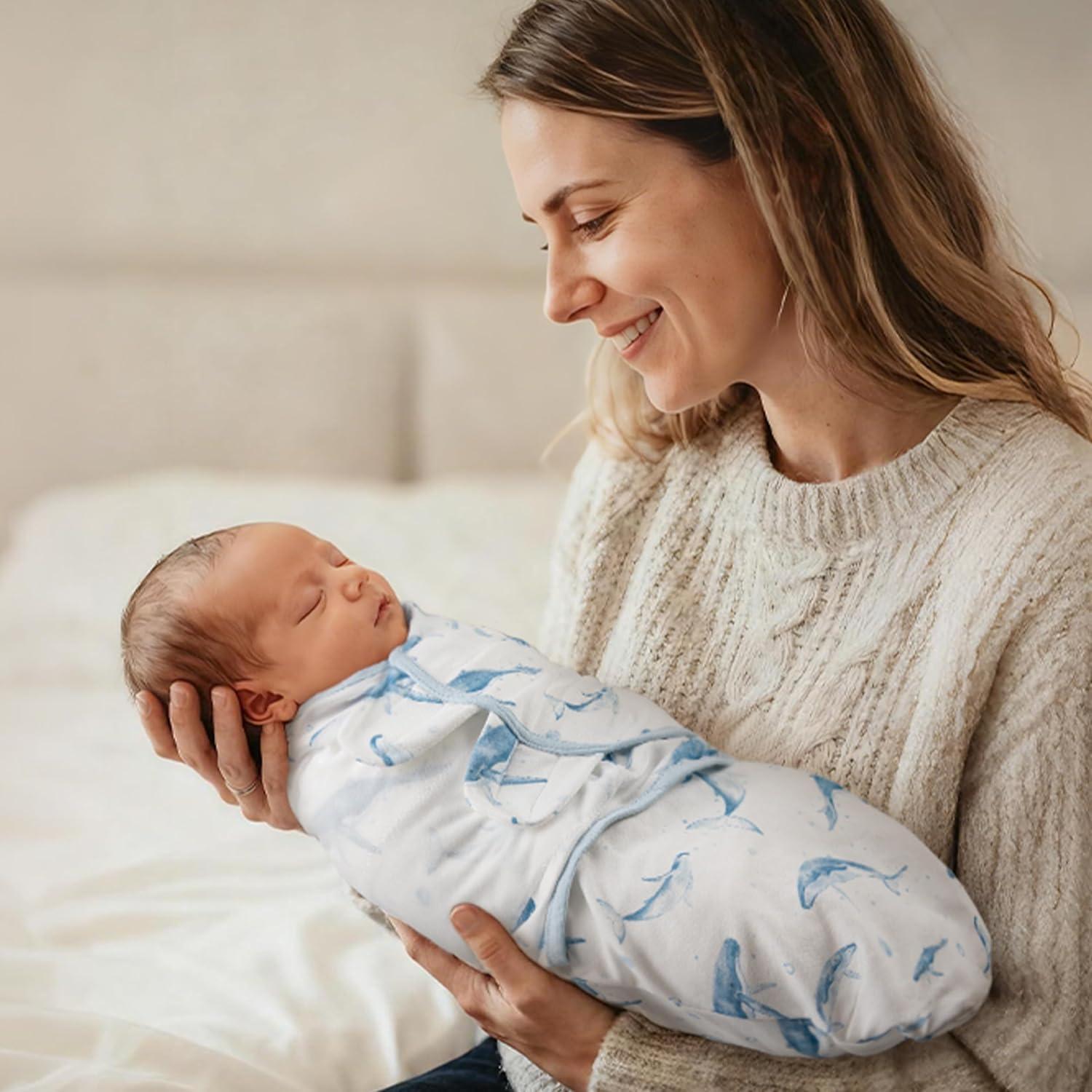 image:imageBaby Swaddles for Newborn Organic CottonSoft amp Snug Newborn Velcro Swaddle 03 Months Sleep Sack Helps Calm Startle Reflex 2Pack Wrap Nursery Swaddling Blankets ElephantBlue Ocean Whale