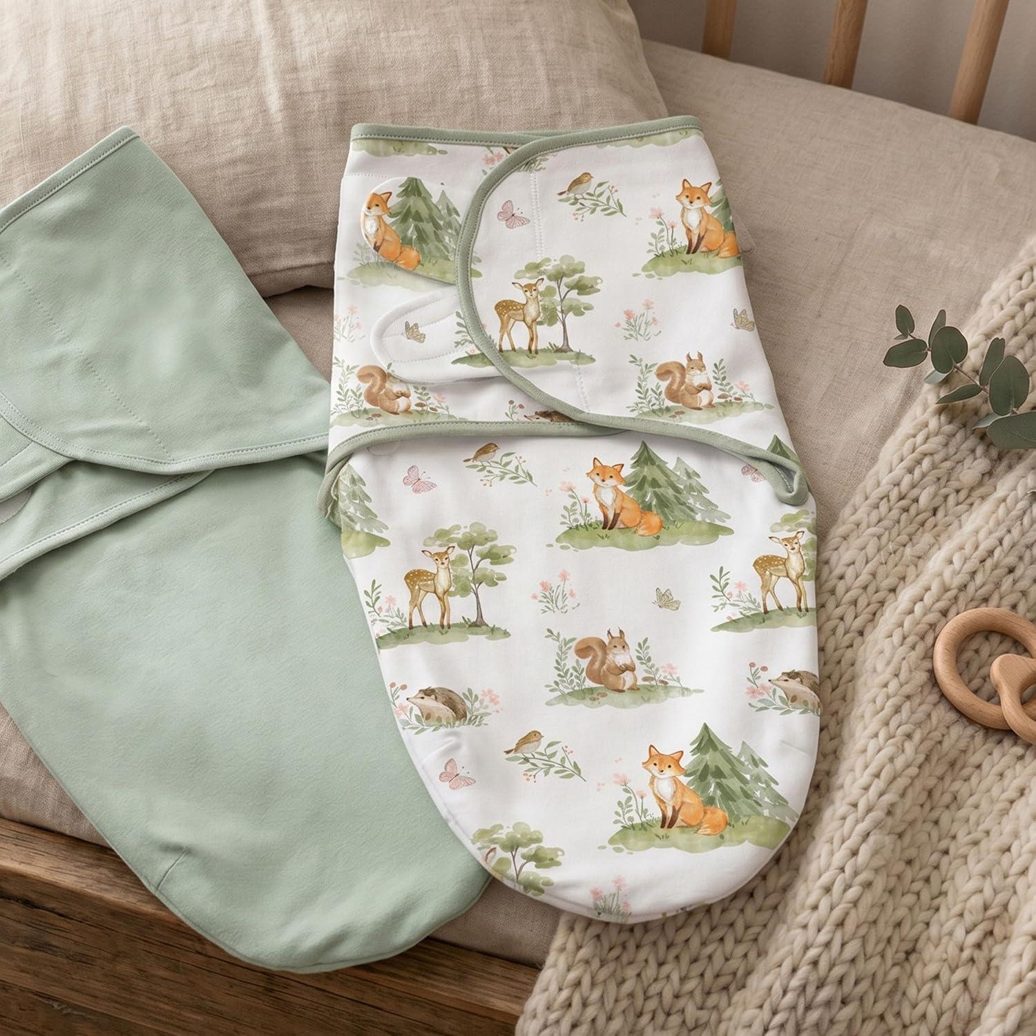 image:imageBaby Swaddles for Newborn Organic CottonSoft amp Snug Newborn Velcro Swaddle 03 Months Sleep Sack Helps Calm Startle Reflex 2Pack Wrap Nursery Swaddling Blankets ElephantGreen Jungle Animals