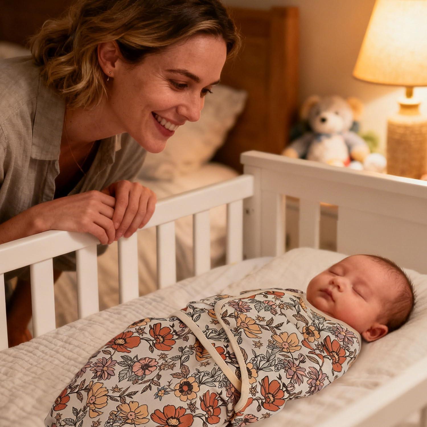 image:imageBaby Swaddles for Newborn Organic CottonSoft amp Snug Newborn Velcro Swaddle 03 Months Sleep Sack Helps Calm Startle Reflex 2Pack Wrap Nursery Swaddling Blankets ElephantChocolate Retro Floral