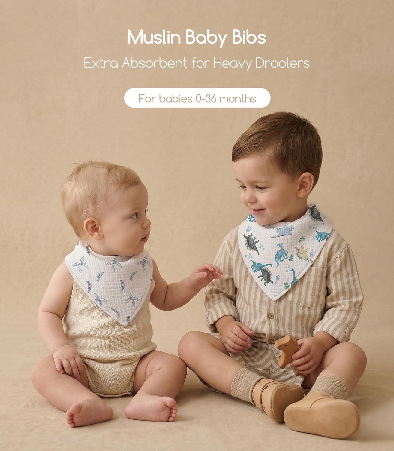 image:imageMuslin Baby Bibs 8 Pack Baby Bandana Drool Bib for Drooling and Teething Cotton Soft Absorbent for Girls Boys Calm Style Plain Solid ColorA Blue Dinosaur