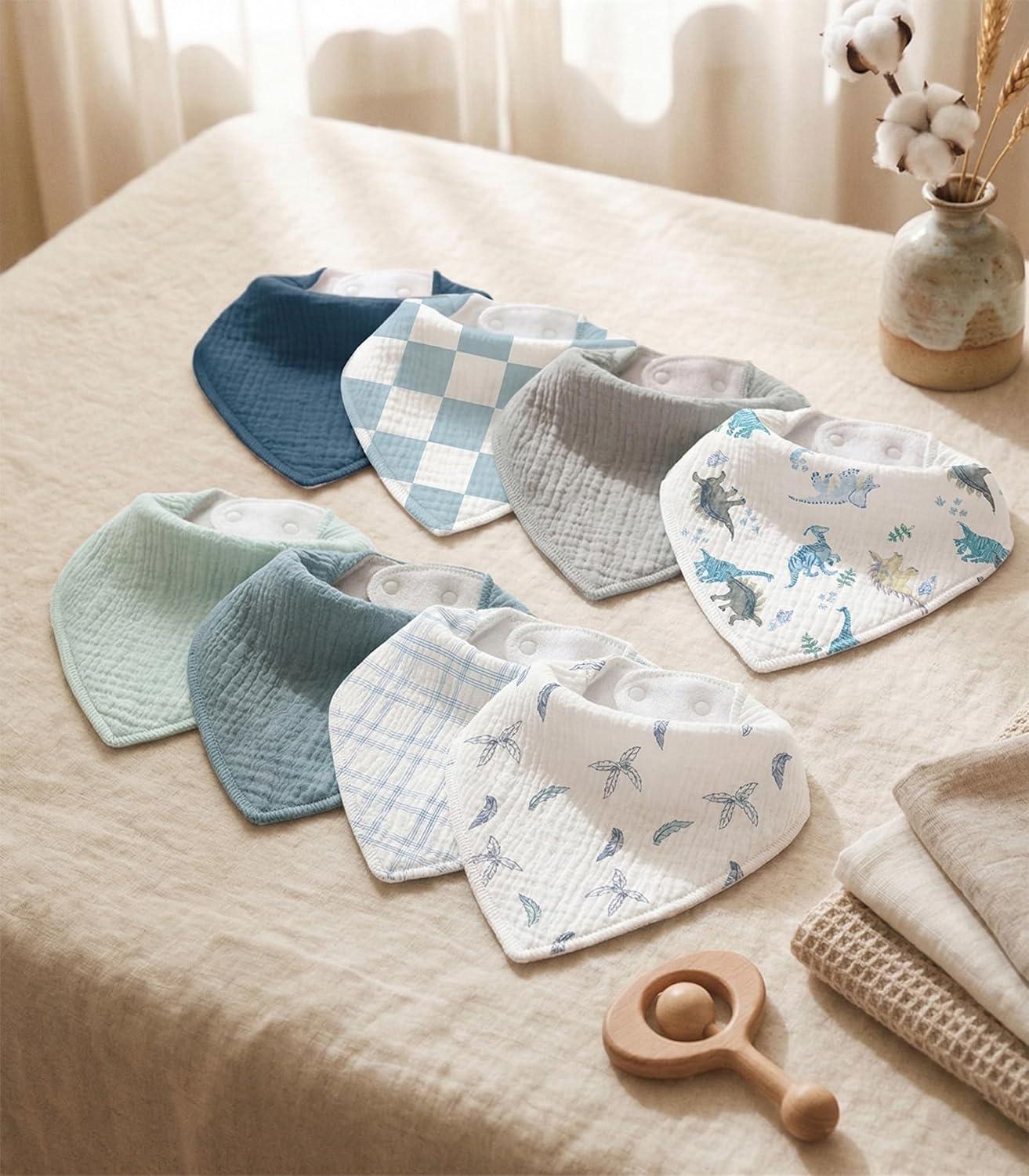 image:imageMuslin Baby Bibs 8 Pack Baby Bandana Drool Bib for Drooling and Teething Cotton Soft Absorbent for Girls Boys Calm Style Plain Solid ColorA Blue Dinosaur
