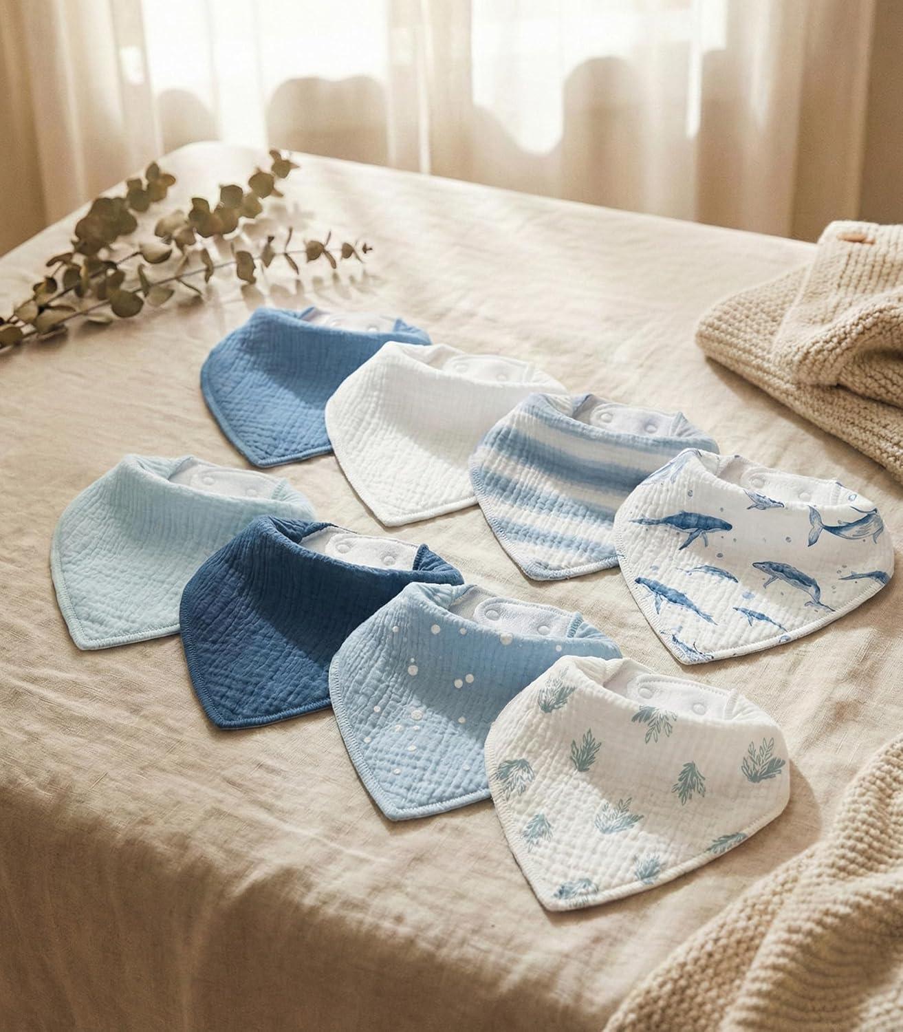 image:imageMuslin Baby Bibs 8 Pack Baby Bandana Drool Bib for Drooling and Teething Cotton Soft Absorbent for Girls Boys Calm Style Plain Solid ColorBlue Ocean Whale