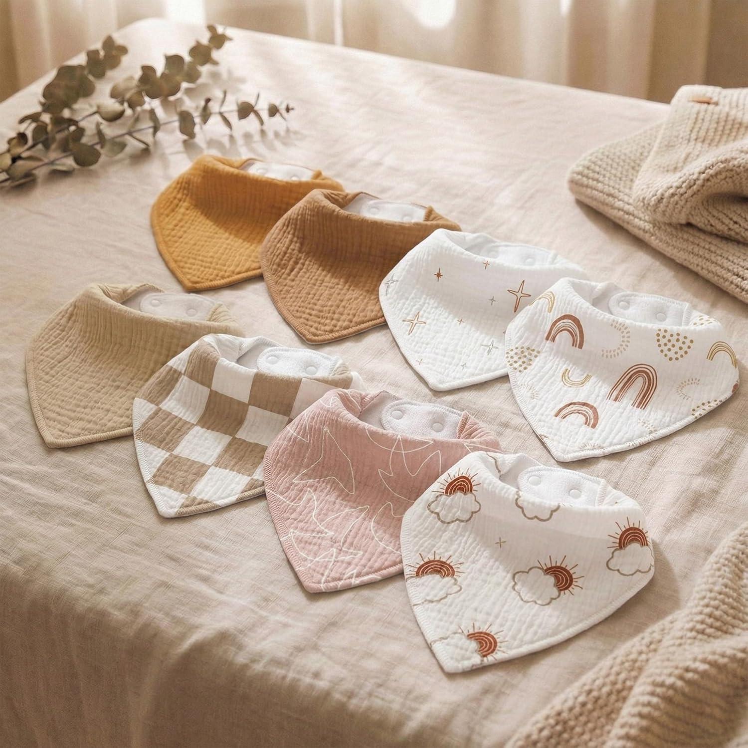image:imageMuslin Baby Bibs 8 Pack Baby Bandana Drool Bib for Drooling and Teething Cotton Soft Absorbent for Girls Boys Calm Style Plain Solid ColorBrown Rainbow