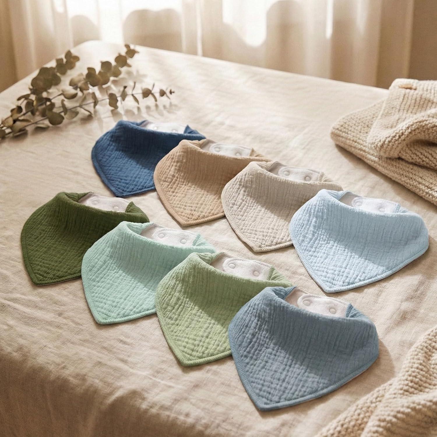 image:imageMuslin Baby Bibs 8 Pack Baby Bandana Drool Bib for Drooling and Teething Cotton Soft Absorbent for Girls Boys Calm Style Plain Solid ColorGreen Blue Brown