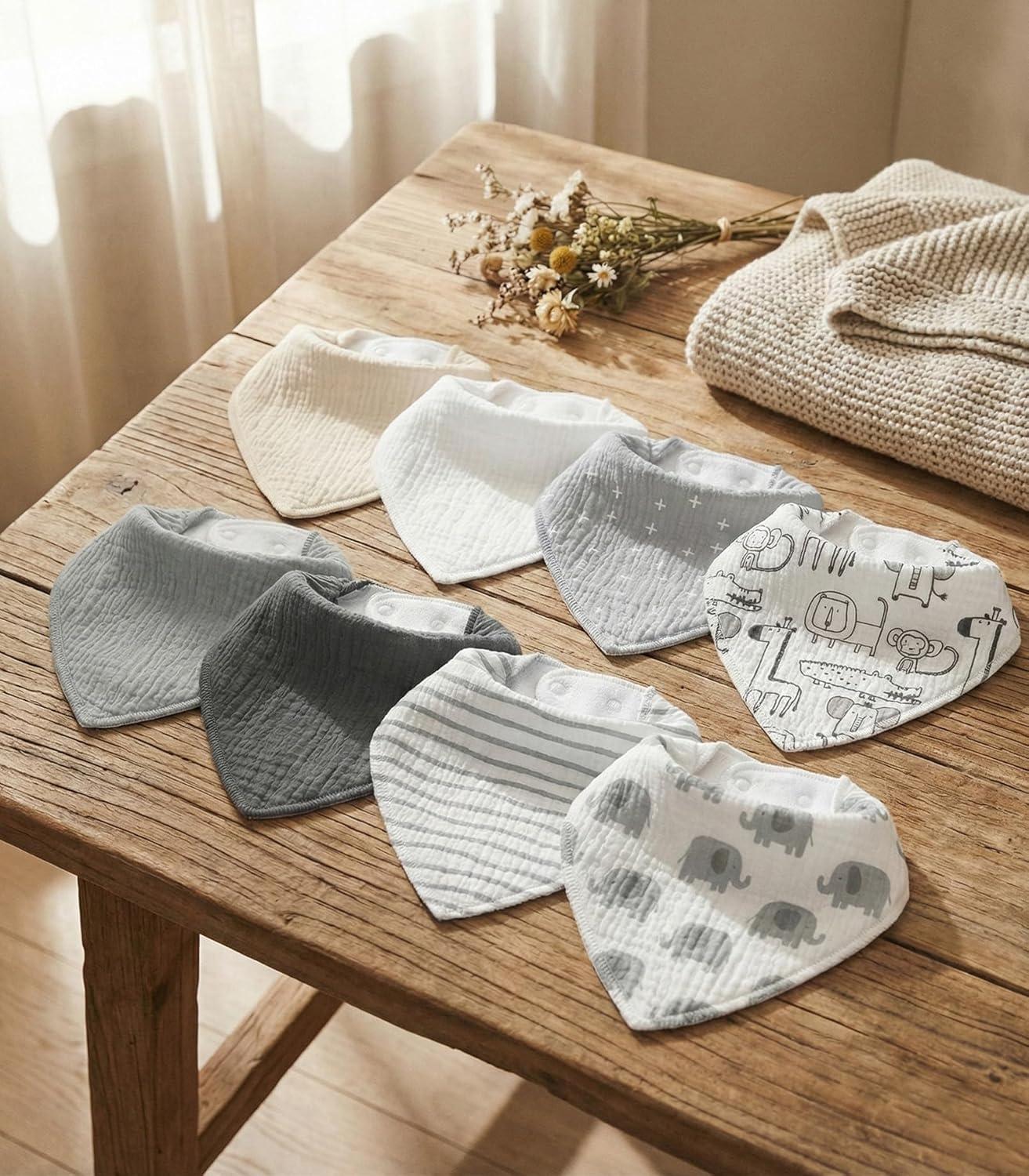image:imageMuslin Baby Bibs 8 Pack Baby Bandana Drool Bib for Drooling and Teething Cotton Soft Absorbent for Girls Boys Calm Style Plain Solid ColorGrey Animals