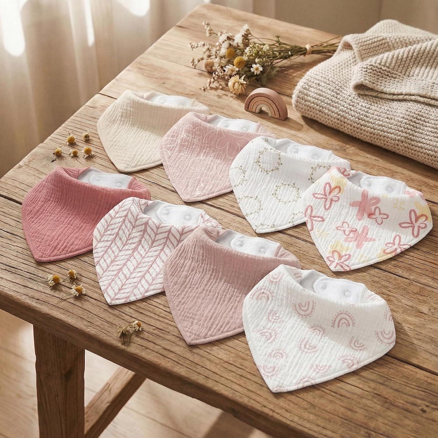 image:imageMuslin Baby Bibs 8 Pack Baby Bandana Drool Bib for Drooling and Teething Cotton Soft Absorbent for Girls Boys Calm Style Plain Solid ColorPink Floral
