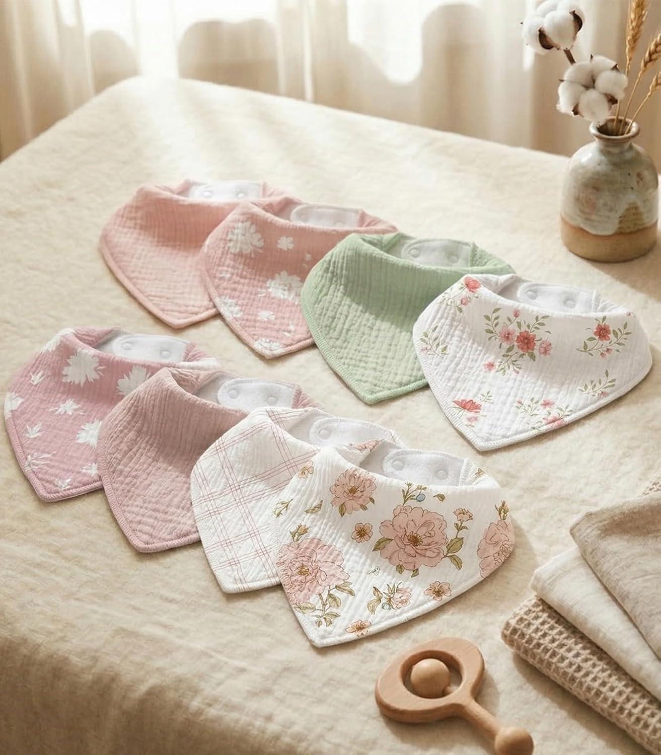 image:imageMuslin Baby Bibs 8 Pack Baby Bandana Drool Bib for Drooling and Teething Cotton Soft Absorbent for Girls Boys Calm Style Plain Solid ColorPink Green Floral