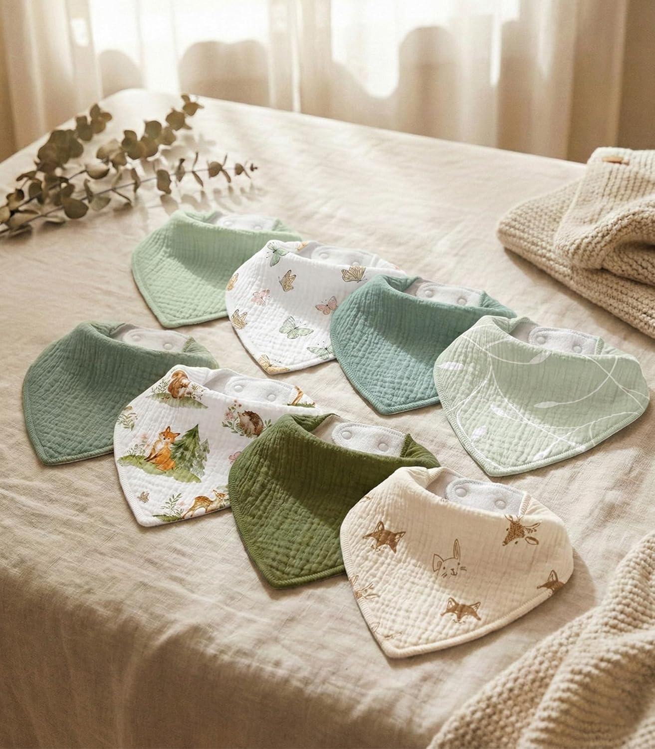 image:imageMuslin Baby Bibs 8 Pack Baby Bandana Drool Bib for Drooling and Teething Cotton Soft Absorbent for Girls Boys Calm Style Plain Solid ColorSage Green Jungle Animals