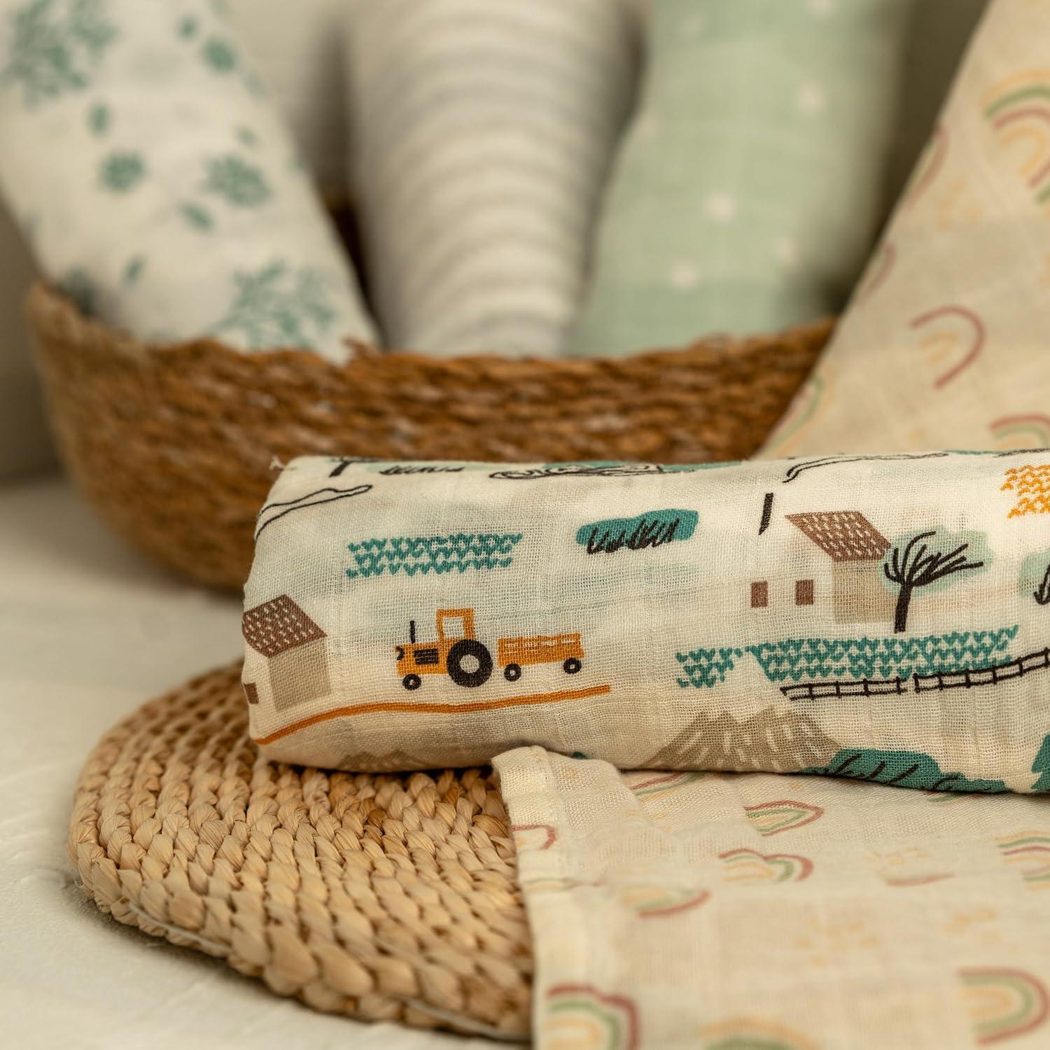 image:imageMuslin Swaddle Blankets for Newborn 4 Pack Cotton Baby Blankets Large 315 x 433 inch Breathable Soft Receiving Blanket Essentials Swaddle Wrap Burping Clothes Blue Farm CountryLight Blue Farm Country