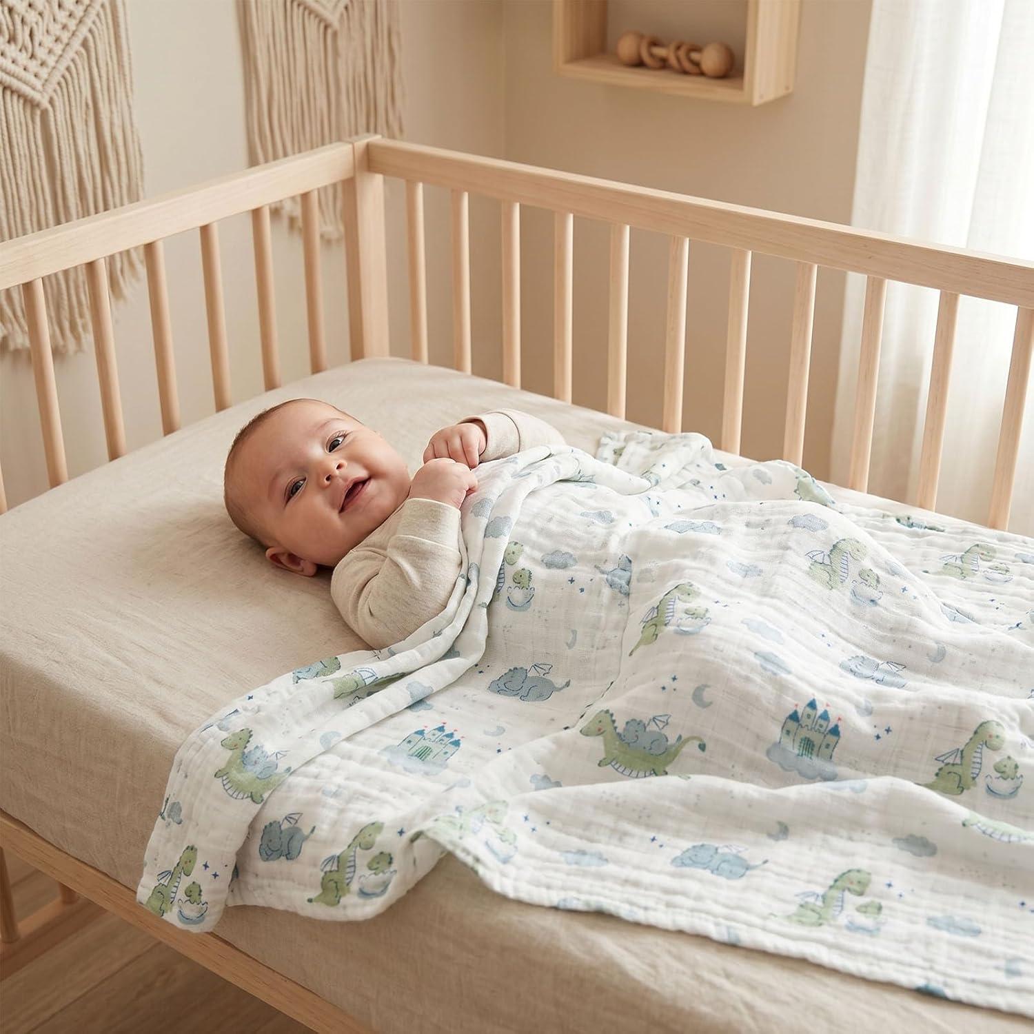 image:imageMuslin Swaddle Blankets for Newborn 4 Pack Cotton Baby Blankets Large 315 x 433 inch Breathable Soft Receiving Blanket Essentials Swaddle Wrap Burping Clothes Blue Farm CountryBlue Dinosaur