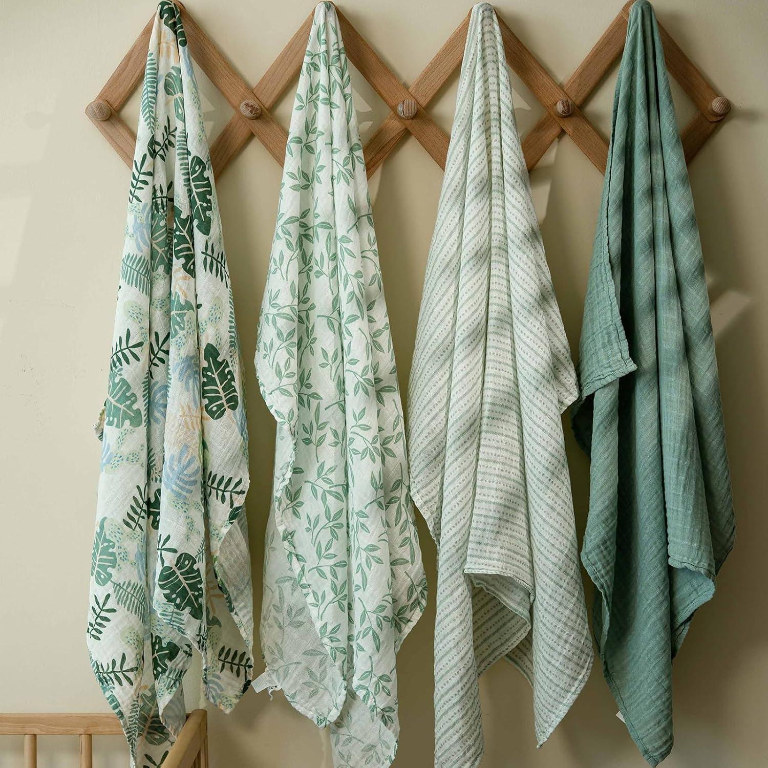 image:imageMuslin Swaddle Blankets for Newborn 4 Pack Cotton Baby Blankets Large 315 x 433 inch Breathable Soft Receiving Blanket Essentials Swaddle Wrap Burping Clothes Blue Farm CountrySage Green Leave