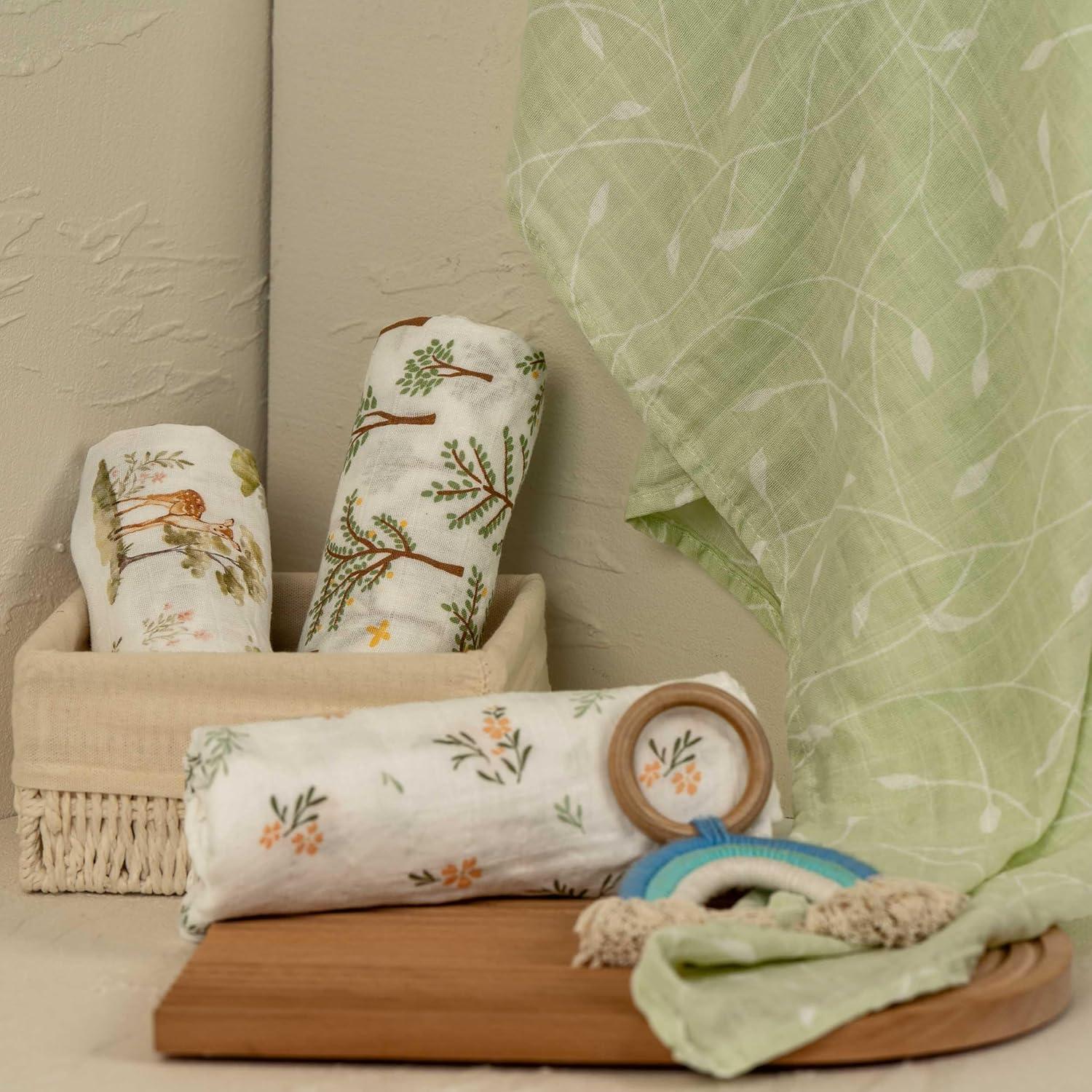 image:imageMuslin Swaddle Blankets for Newborn 4 Pack Cotton Baby Blankets Large 315 x 433 inch Breathable Soft Receiving Blanket Essentials Swaddle Wrap Burping Clothes Blue Farm CountrySage Green Jungle Animals