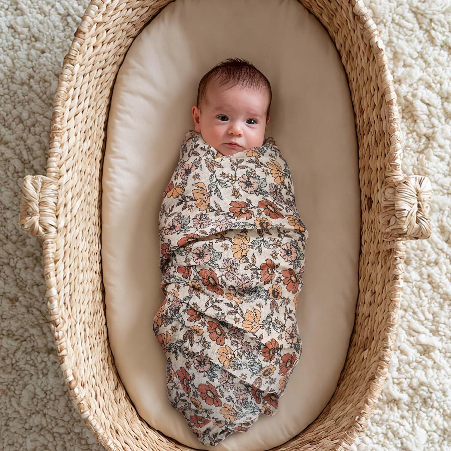 image:imageMuslin Swaddle Blankets for Newborn 4 Pack Cotton Baby Blankets Large 315 x 433 inch Breathable Soft Receiving Blanket Essentials Swaddle Wrap Burping Clothes Blue Farm CountryChocolate Retro Floral