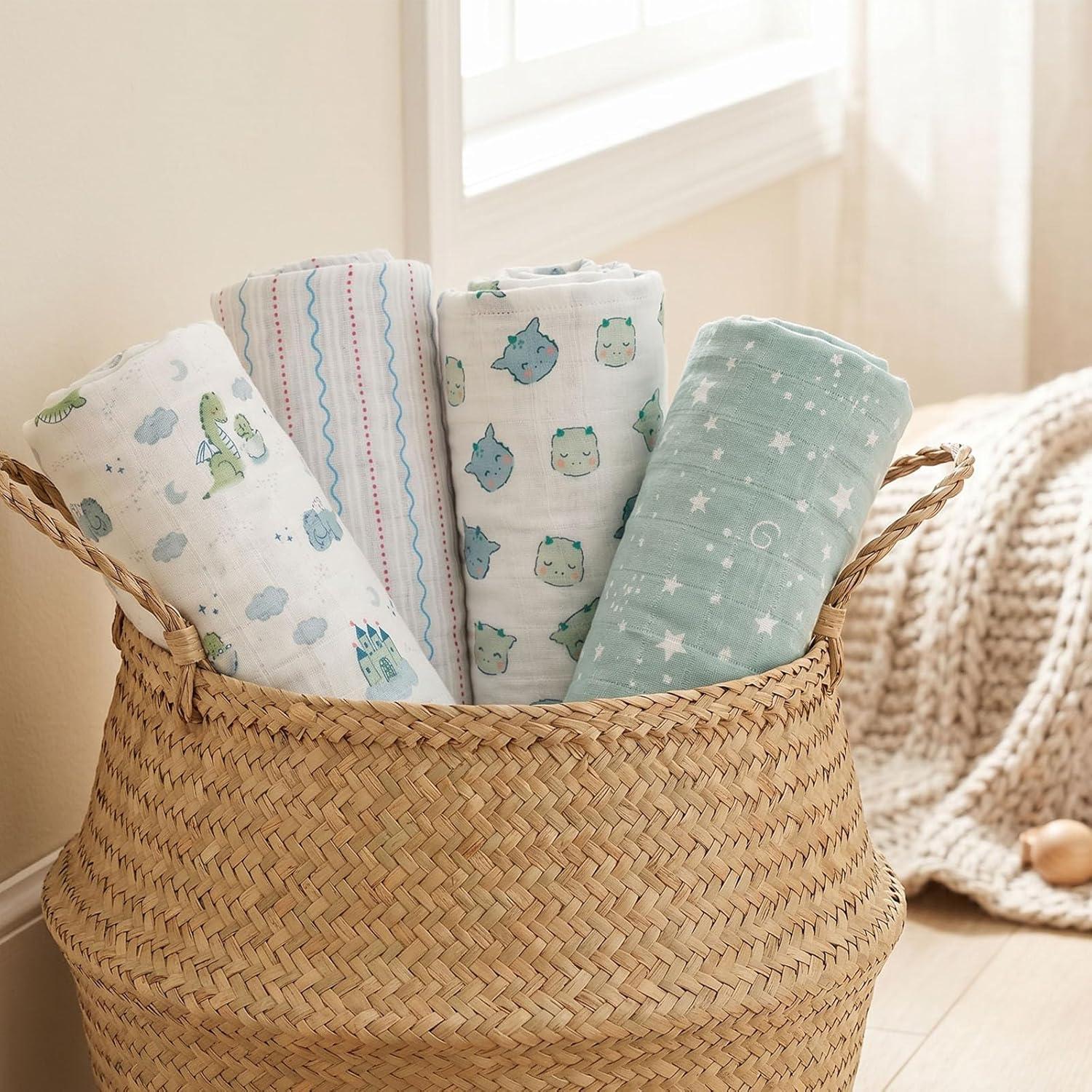 image:imageMuslin Swaddle Blankets for Newborn 4 Pack Cotton Baby Blankets Large 315 x 433 inch Breathable Soft Receiving Blanket Essentials Swaddle Wrap Burping Clothes Blue Farm CountryBlue Dinosaur