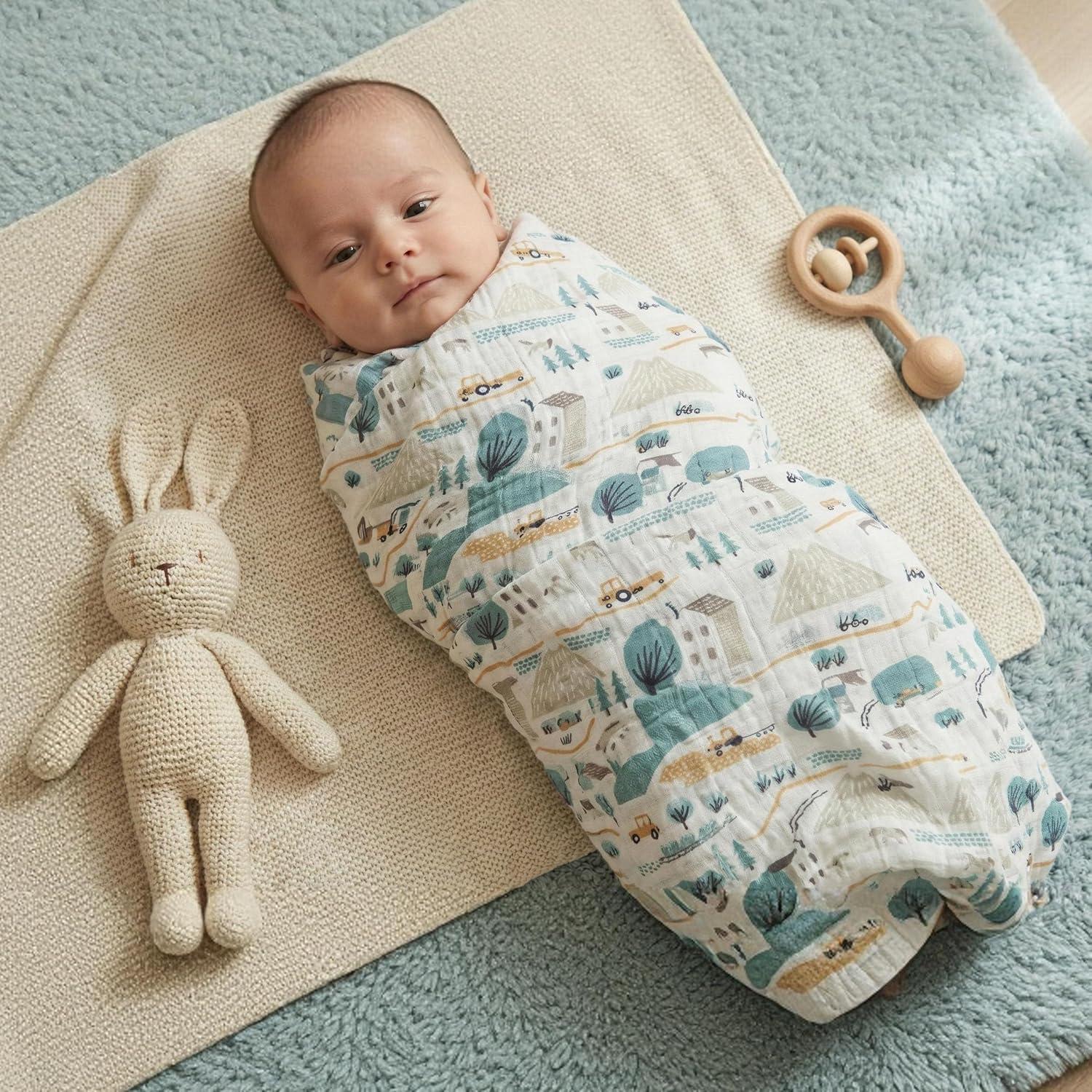 image:imageMuslin Swaddle Blankets for Newborn 4 Pack Cotton Baby Blankets Large 315 x 433 inch Breathable Soft Receiving Blanket Essentials Swaddle Wrap Burping Clothes Blue Farm CountryLight Blue Farm Country