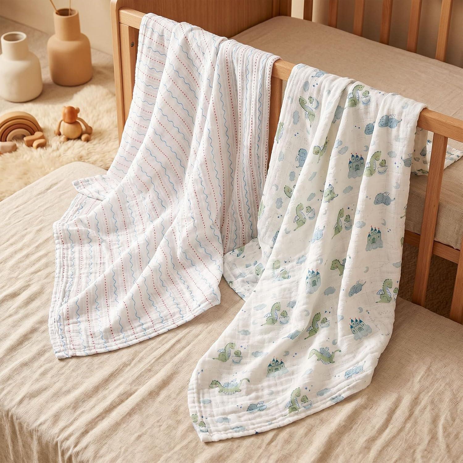 image:imageMuslin Swaddle Blankets for Newborn 4 Pack Cotton Baby Blankets Large 315 x 433 inch Breathable Soft Receiving Blanket Essentials Swaddle Wrap Burping Clothes Blue Farm CountryBlue Dinosaur