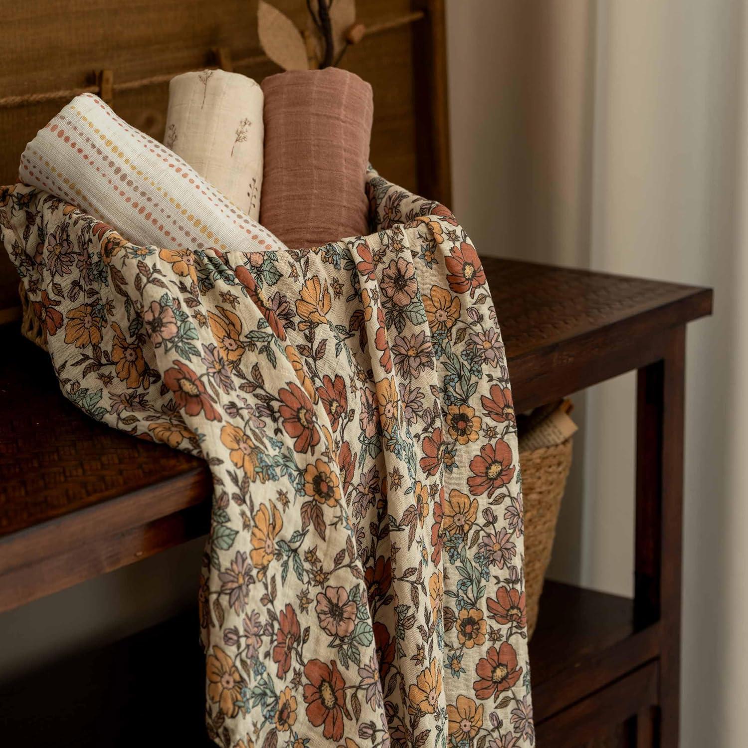 image:imageMuslin Swaddle Blankets for Newborn 4 Pack Cotton Baby Blankets Large 315 x 433 inch Breathable Soft Receiving Blanket Essentials Swaddle Wrap Burping Clothes Blue Farm CountryChocolate Retro Floral
