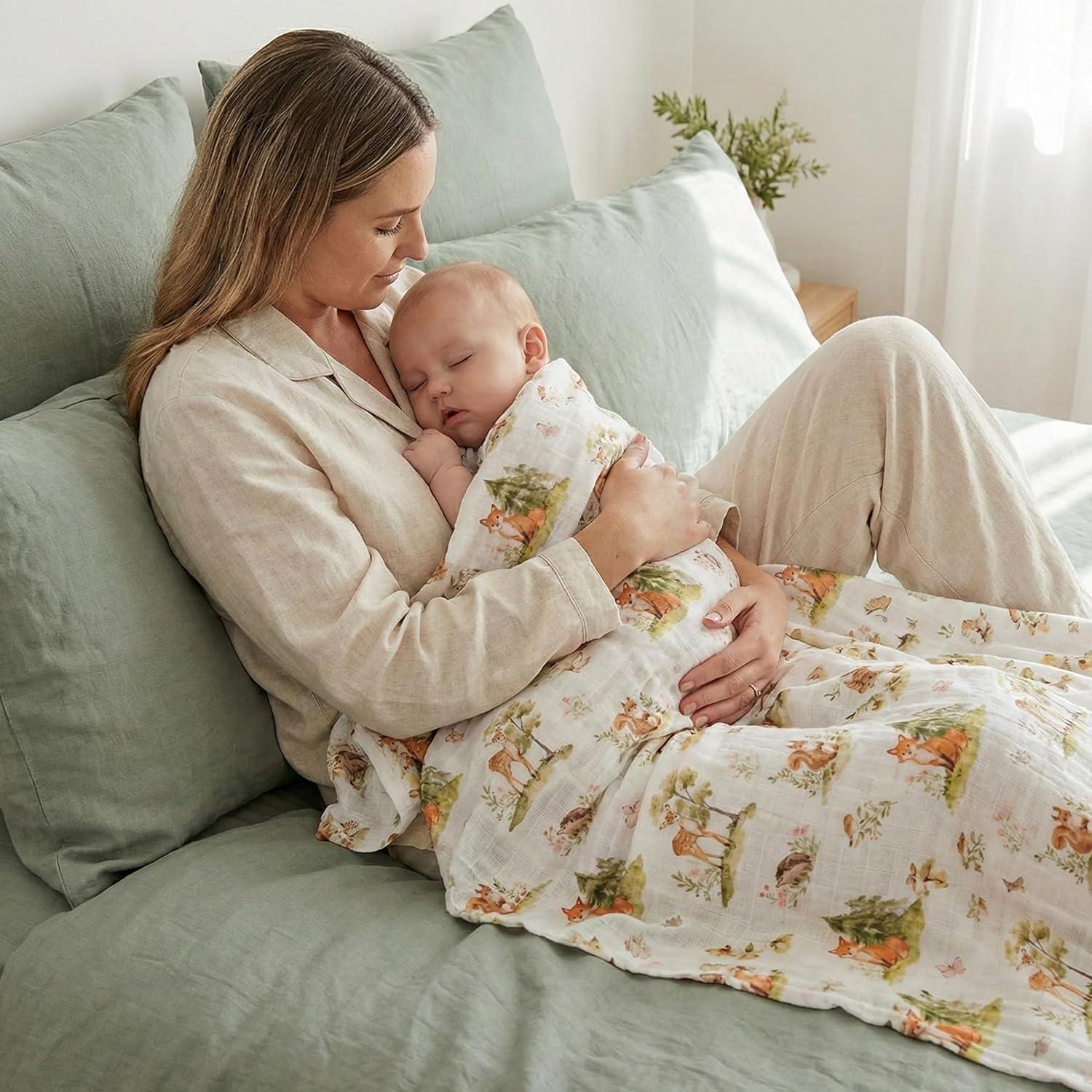 image:imageMuslin Swaddle Blankets for Newborn 4 Pack Cotton Baby Blankets Large 315 x 433 inch Breathable Soft Receiving Blanket Essentials Swaddle Wrap Burping Clothes Blue Farm CountrySage Green Jungle Animals