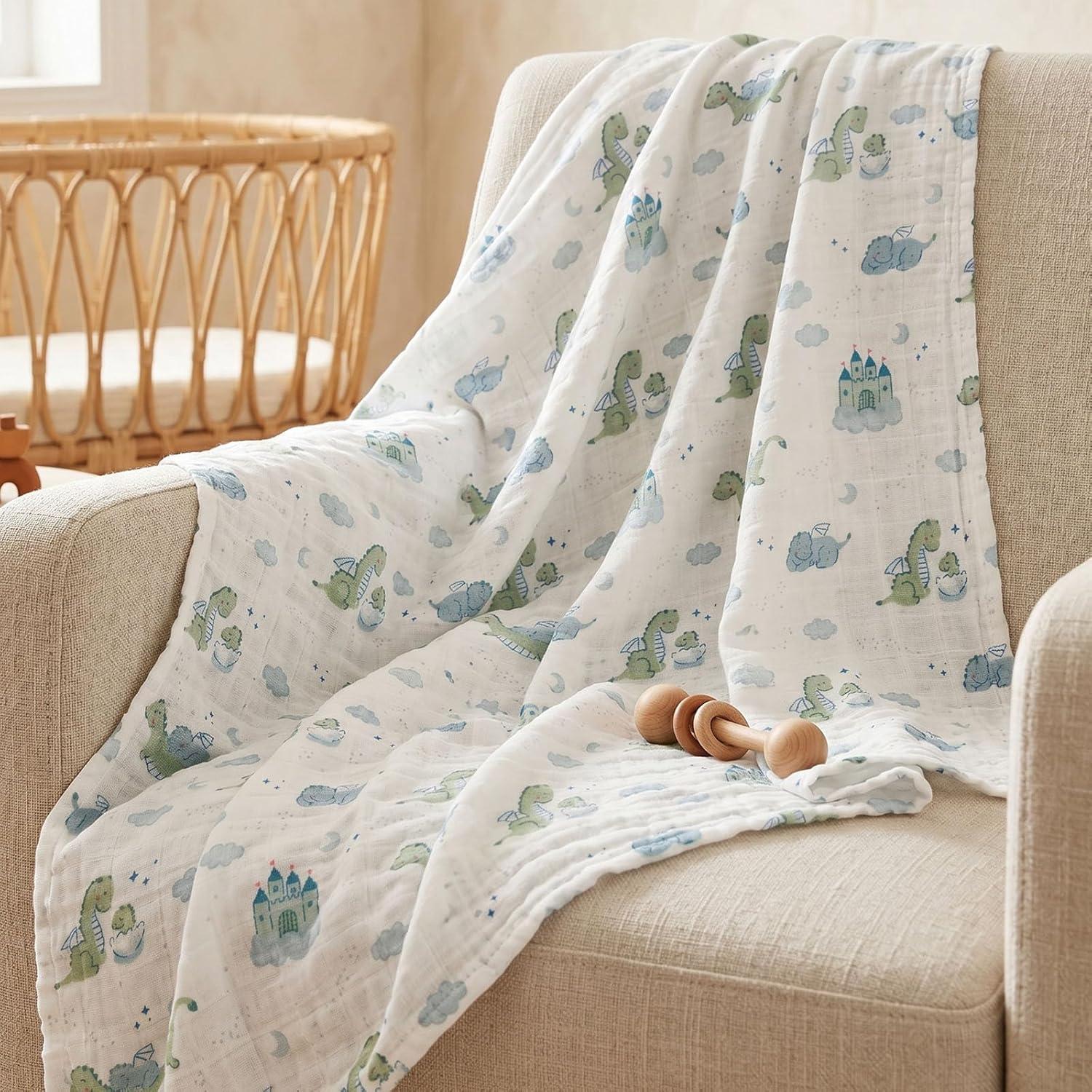 image:imageMuslin Swaddle Blankets for Newborn 4 Pack Cotton Baby Blankets Large 315 x 433 inch Breathable Soft Receiving Blanket Essentials Swaddle Wrap Burping Clothes Blue Farm CountryBlue Dinosaur
