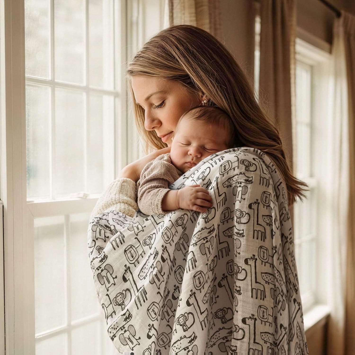image:imageMuslin Swaddle Blankets for Newborn 4 Pack Cotton Baby Blankets Large 315 x 433 inch Breathable Soft Receiving Blanket Essentials Swaddle Wrap Burping Clothes Blue Farm CountryGrey Animals