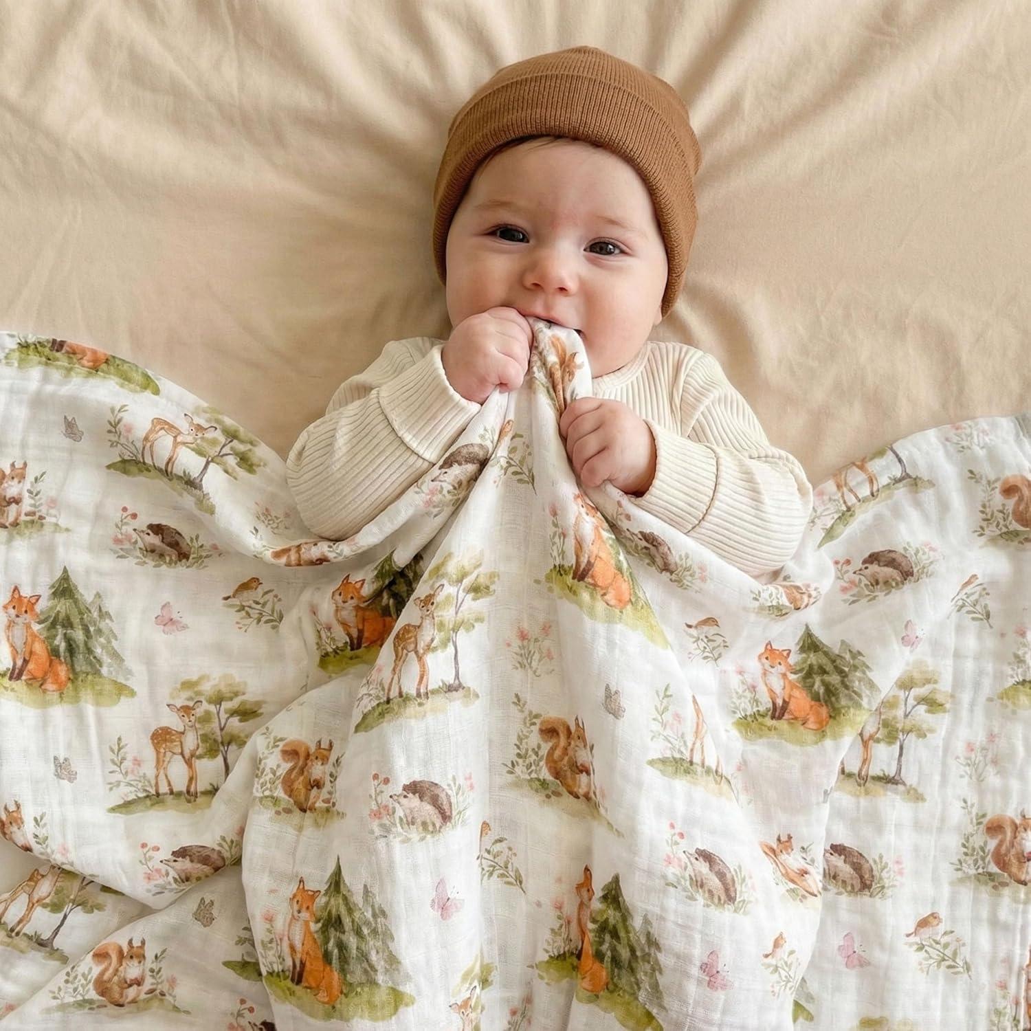 image:imageMuslin Swaddle Blankets for Newborn 4 Pack Cotton Baby Blankets Large 315 x 433 inch Breathable Soft Receiving Blanket Essentials Swaddle Wrap Burping Clothes Blue Farm CountrySage Green Jungle Animals