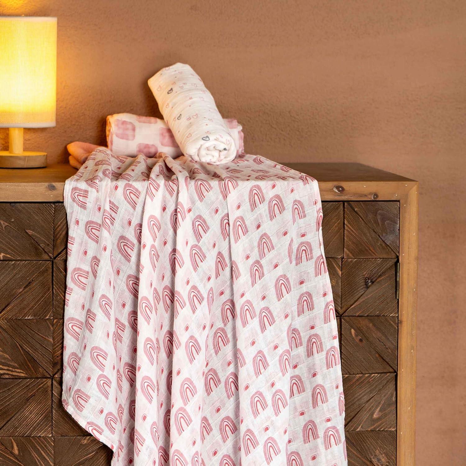 image:imageMuslin Swaddle Blankets for Newborn 4 Pack Cotton Baby Blankets Large 315 x 433 inch Breathable Soft Receiving Blanket Essentials Swaddle Wrap Burping Clothes Blue Farm CountryPink Rainbow