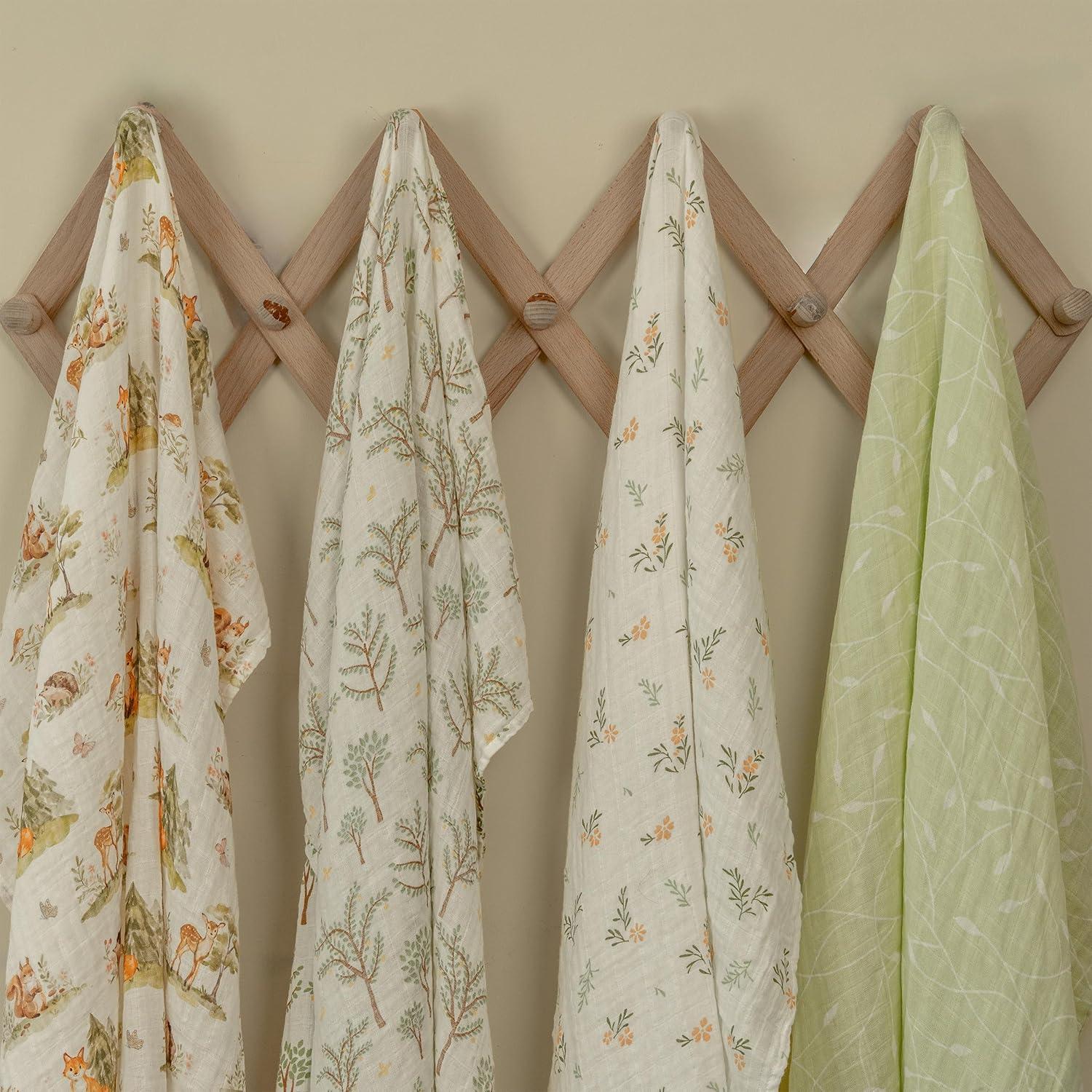 image:imageMuslin Swaddle Blankets for Newborn 4 Pack Cotton Baby Blankets Large 315 x 433 inch Breathable Soft Receiving Blanket Essentials Swaddle Wrap Burping Clothes Blue Farm CountrySage Green Jungle Animals