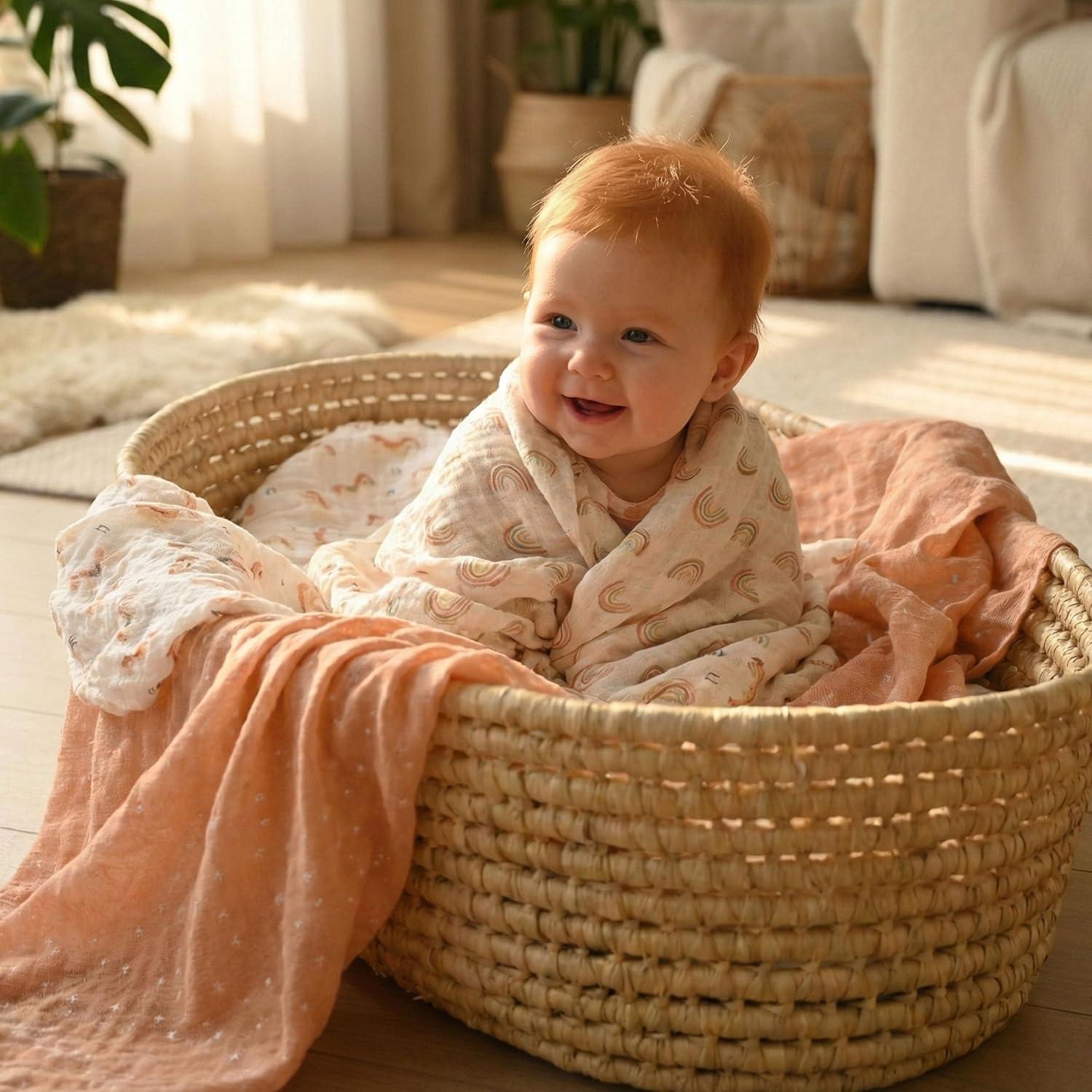 image:imageMuslin Swaddle Blankets for Newborn 4 Pack Cotton Baby Blankets Large 315 x 433 inch Breathable Soft Receiving Blanket Essentials Swaddle Wrap Burping Clothes Blue Farm CountryOrange Rainbow Horse
