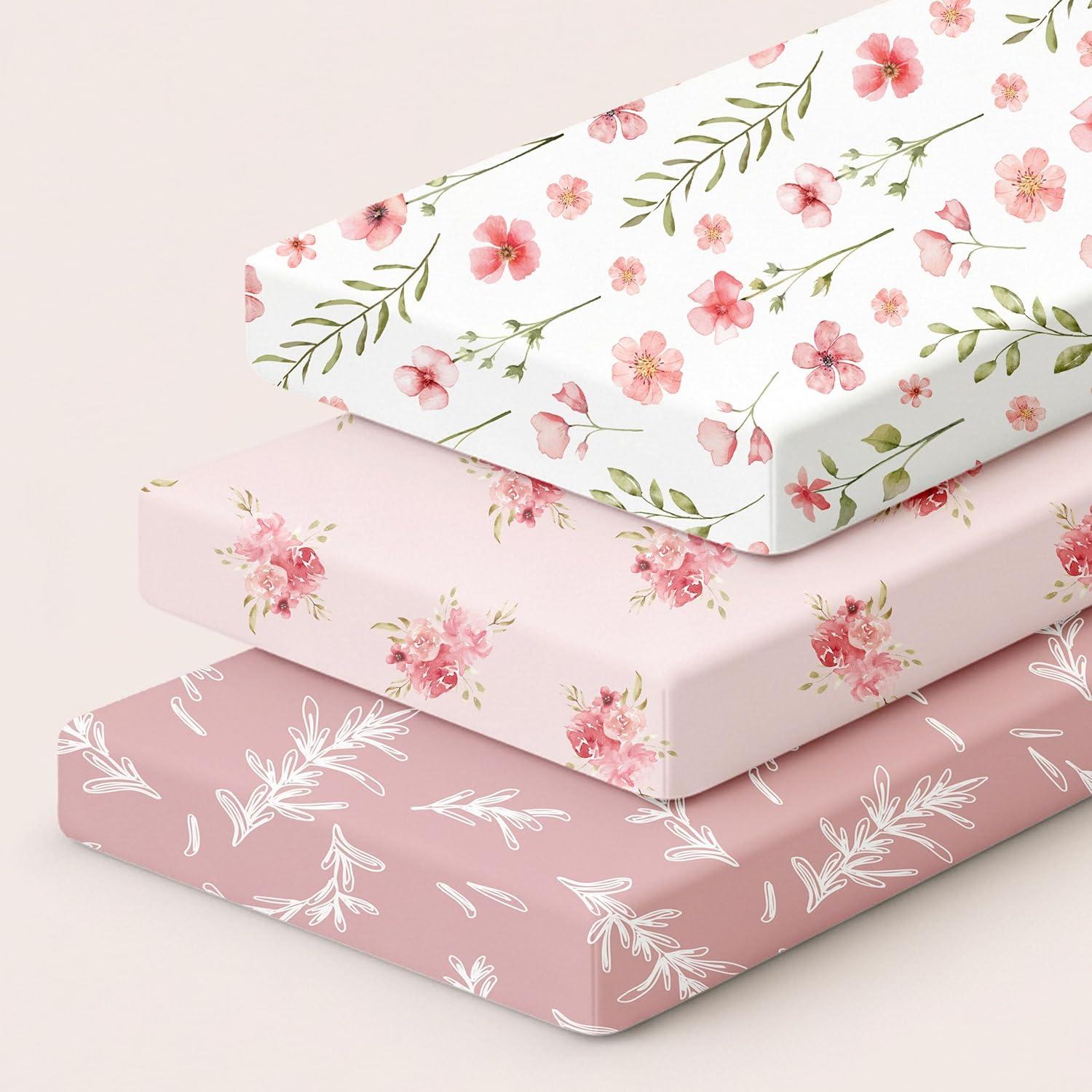 image:imageNap Mat Sheet 47x24 3 Pack Pink Floral Baby Crib Sheets Fitted Elastic Corners Preschool Day Care Rest Mat Cover Soft Breathable Compatible with Regalo My Cot Joovy Travel CotA Pink Floral