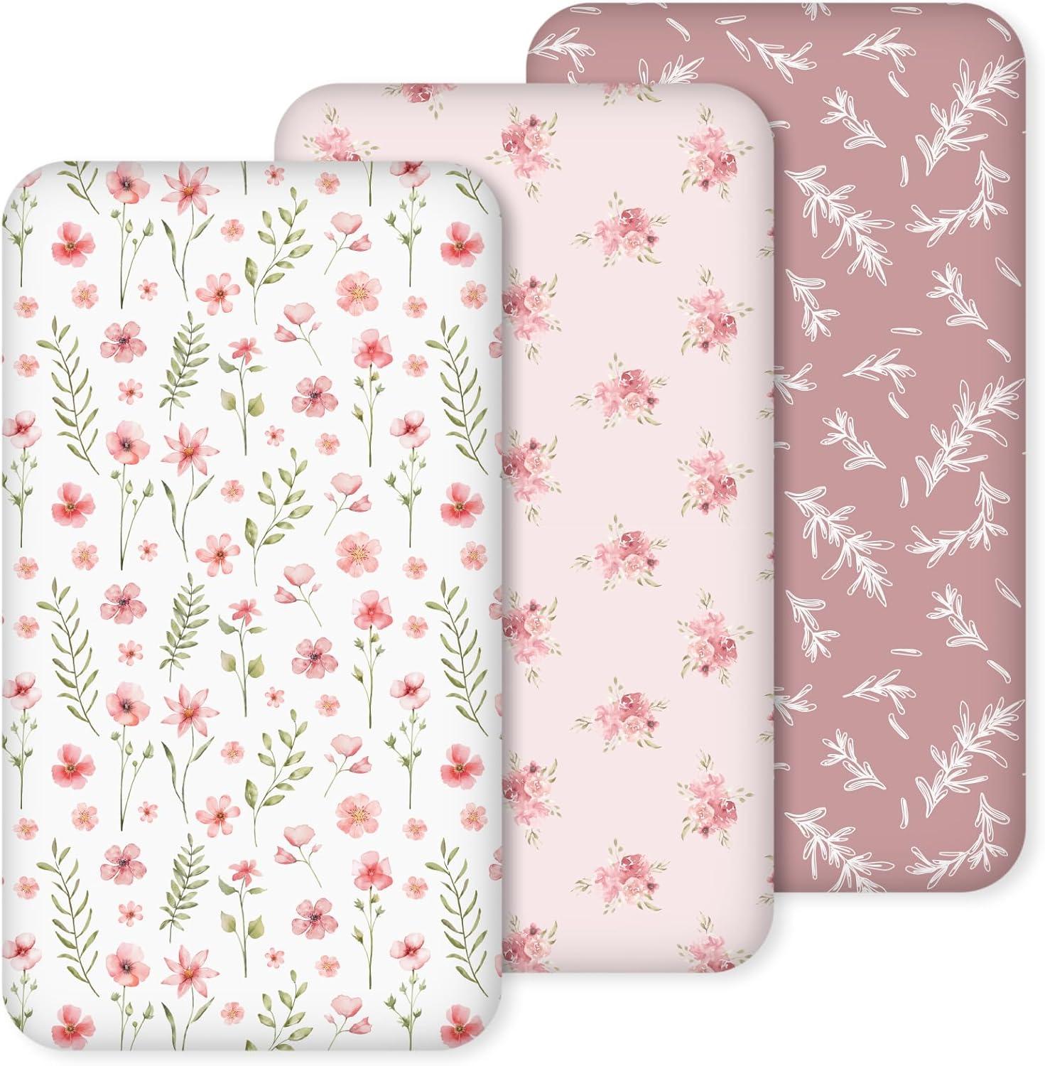 image:imageNap Mat Sheet 47x24 3 Pack Pink Floral Baby Crib Sheets Fitted Elastic Corners Preschool Day Care Rest Mat Cover Soft Breathable Compatible with Regalo My Cot Joovy Travel CotA Pink Floral