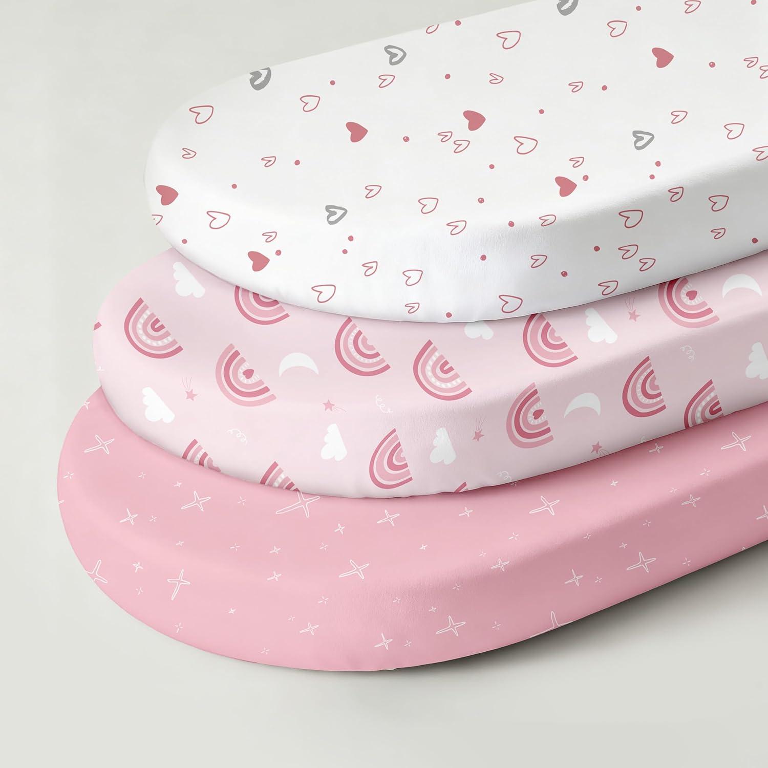 image:imageNap Mat Sheet 47x24 3 Pack Pink Floral Baby Crib Sheets Fitted Elastic Corners Preschool Day Care Rest Mat Cover Soft Breathable Compatible with Regalo My Cot Joovy Travel CotPink Rainbow Heart