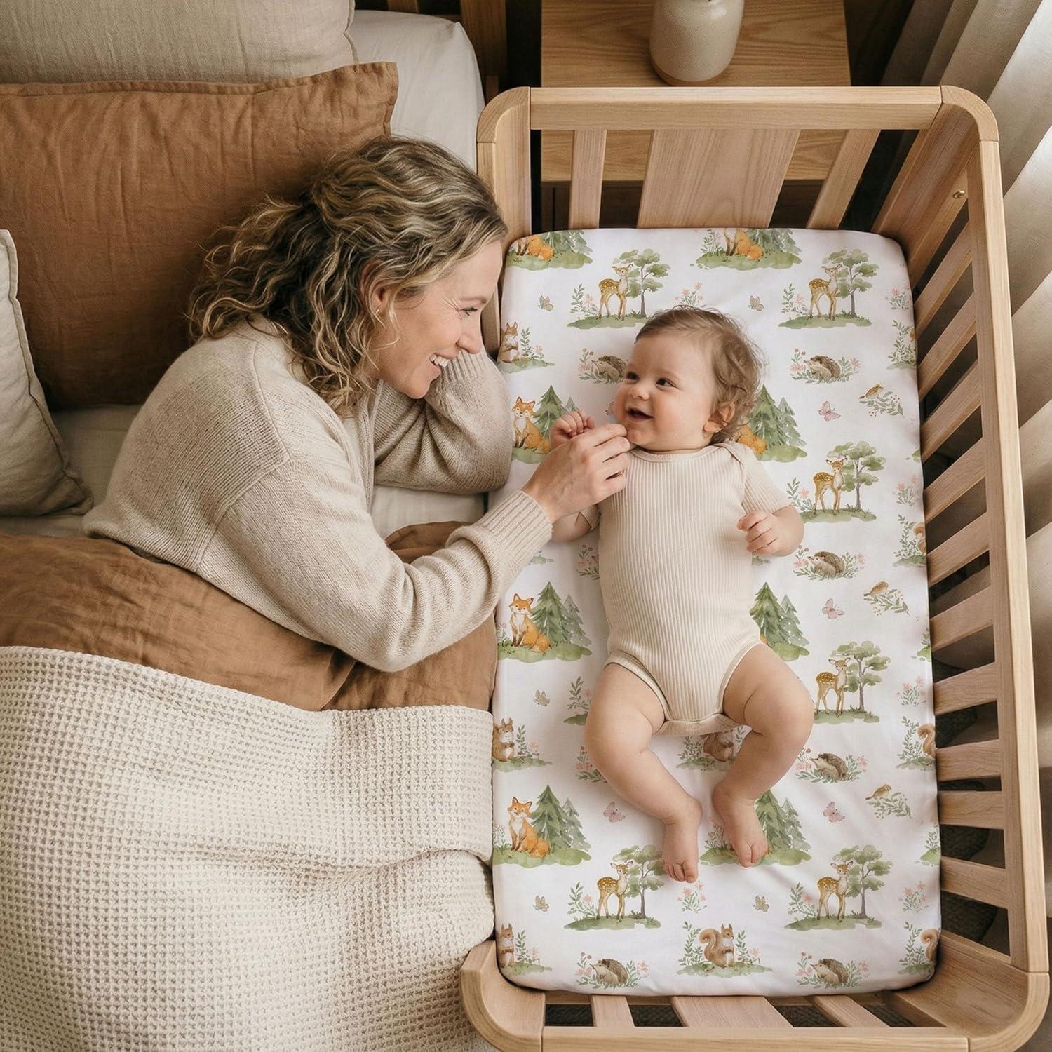image:imageNap Mat Sheet 47x24 3 Pack Pink Floral Baby Crib Sheets Fitted Elastic Corners Preschool Day Care Rest Mat Cover Soft Breathable Compatible with Regalo My Cot Joovy Travel CotGreen Animals