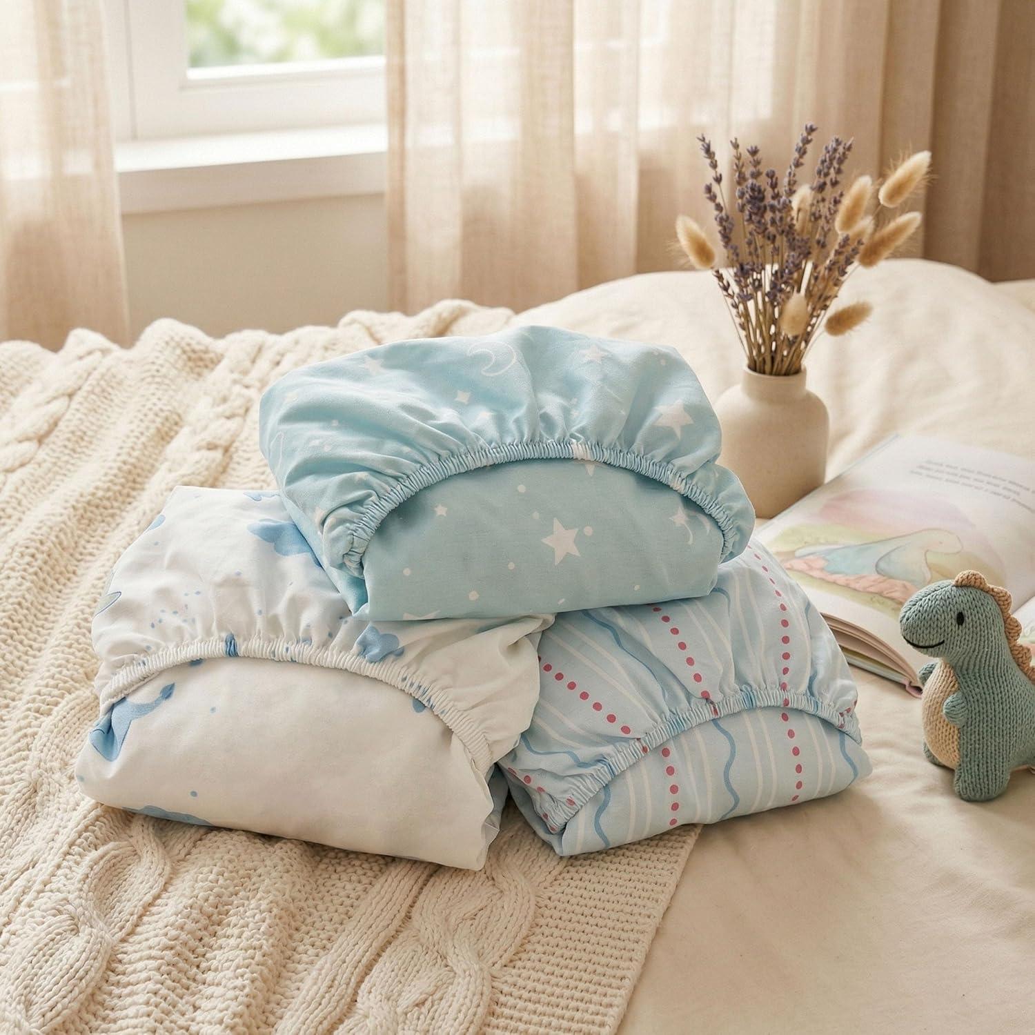 image:imageNap Mat Sheet 47x24 3 Pack Pink Floral Baby Crib Sheets Fitted Elastic Corners Preschool Day Care Rest Mat Cover Soft Breathable Compatible with Regalo My Cot Joovy Travel CotBlue Dinosaur