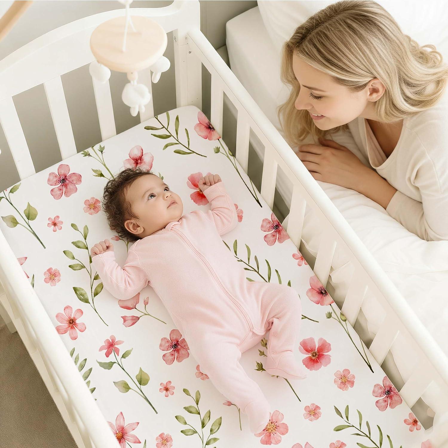 image:imageNap Mat Sheet 47x24 3 Pack Pink Floral Baby Crib Sheets Fitted Elastic Corners Preschool Day Care Rest Mat Cover Soft Breathable Compatible with Regalo My Cot Joovy Travel CotA Pink Floral