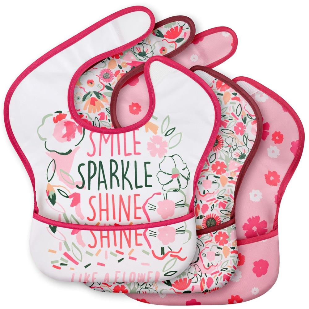image:image3Pack Waterproof Baby Bibs for Eating Mess Proof Lightweight Toddler Feeding Bibs with Large Food Catcher FoodGrade Baby Eating Essentials Easy to Put On amp CleanPink FloralA Pink Floral